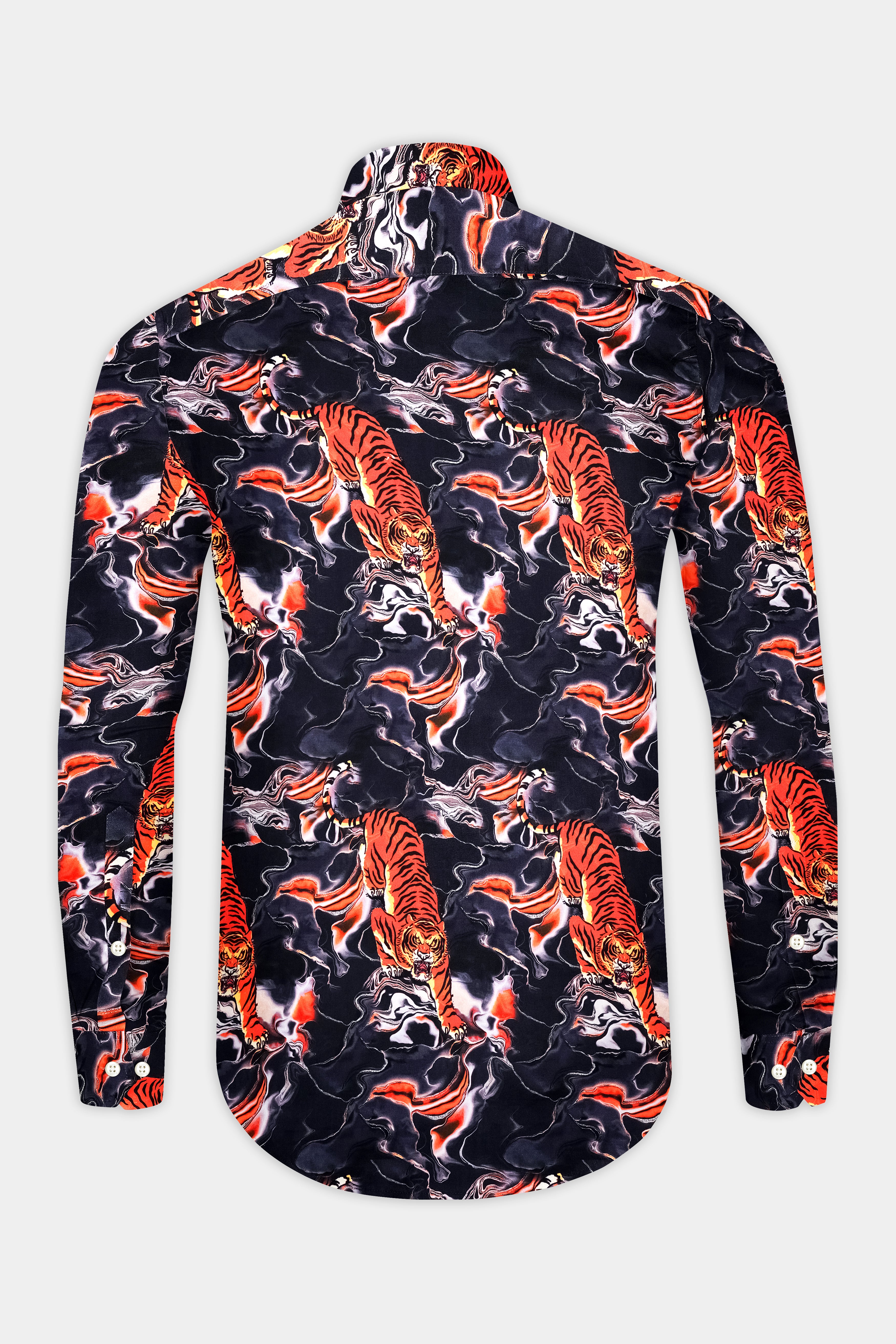 Tigra-Cinder Blue And Tuscany Orange Fierce Tiger Swirl Printed Subtle Sheen Super Soft Premium Cotton Casual Shirt