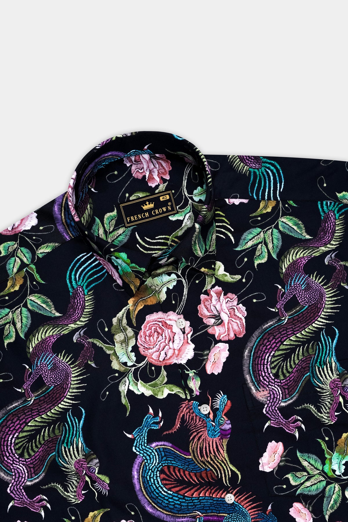 Magnolia-Jade Black And Mauvelous Pink Phoenix & Rose Garden Printed Subtle Sheen Super Soft Premium Cotton Casual Shirt