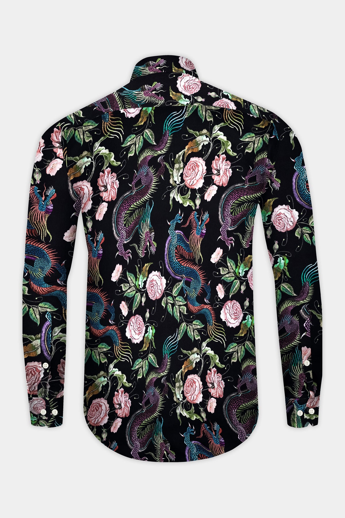Magnolia-Jade Black And Mauvelous Pink Phoenix & Rose Garden Printed Subtle Sheen Super Soft Premium Cotton Casual Shirt