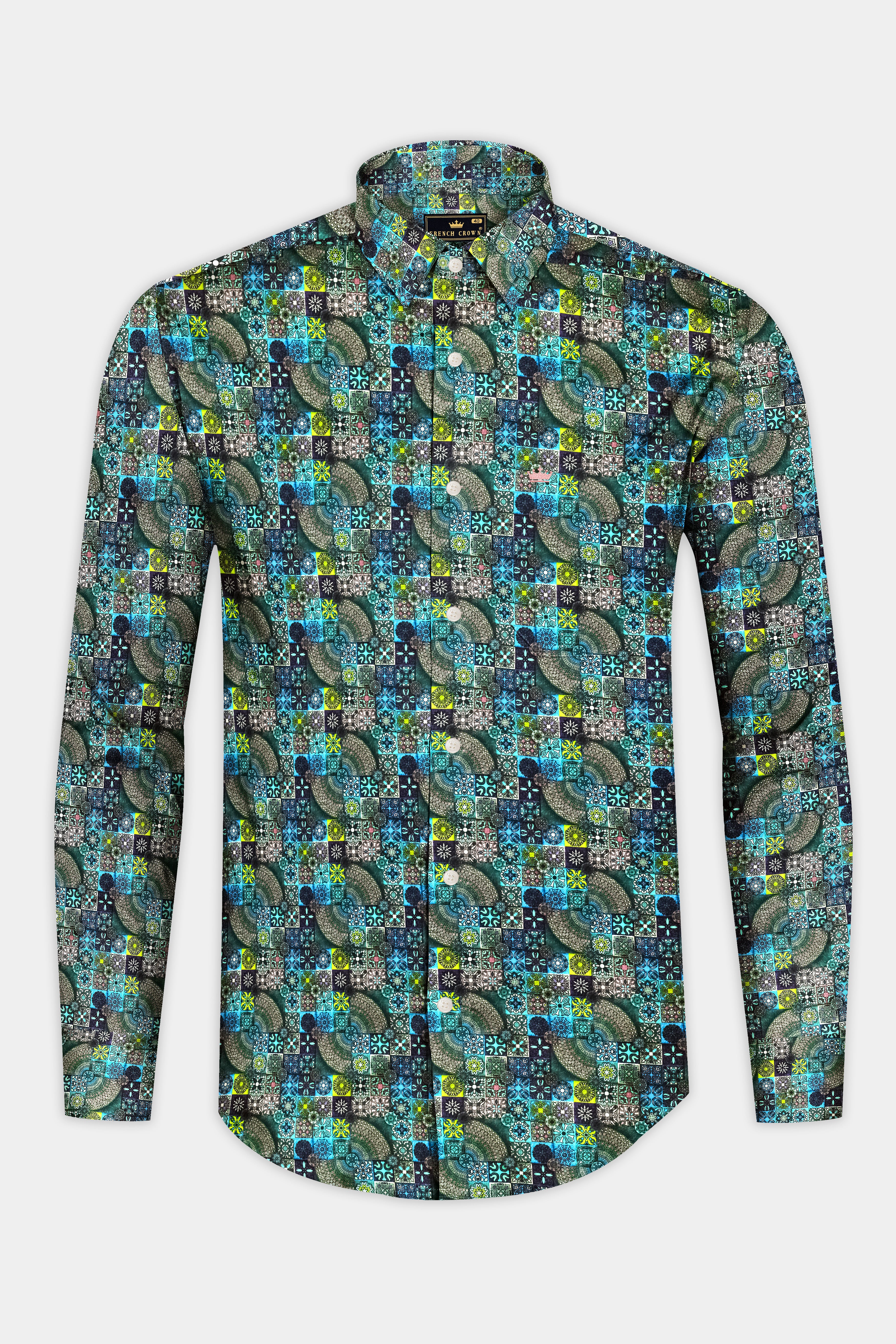 Eclat-Castleton Green And Venice Blue Multicolor Mosaic Printed Subtle Sheen Super Soft Premium Cotton Casual Shirt