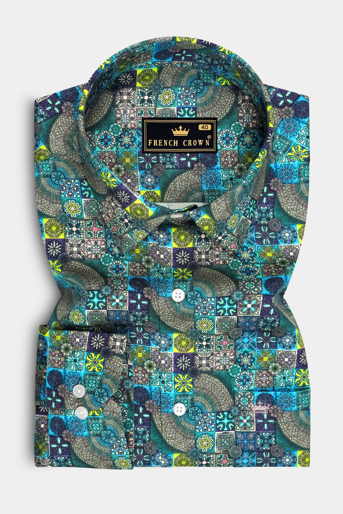 Eclat-Castleton Green And Venice Blue Multicolor Mosaic Printed Subtle Sheen Super Soft Premium Cotton Casual Shirt