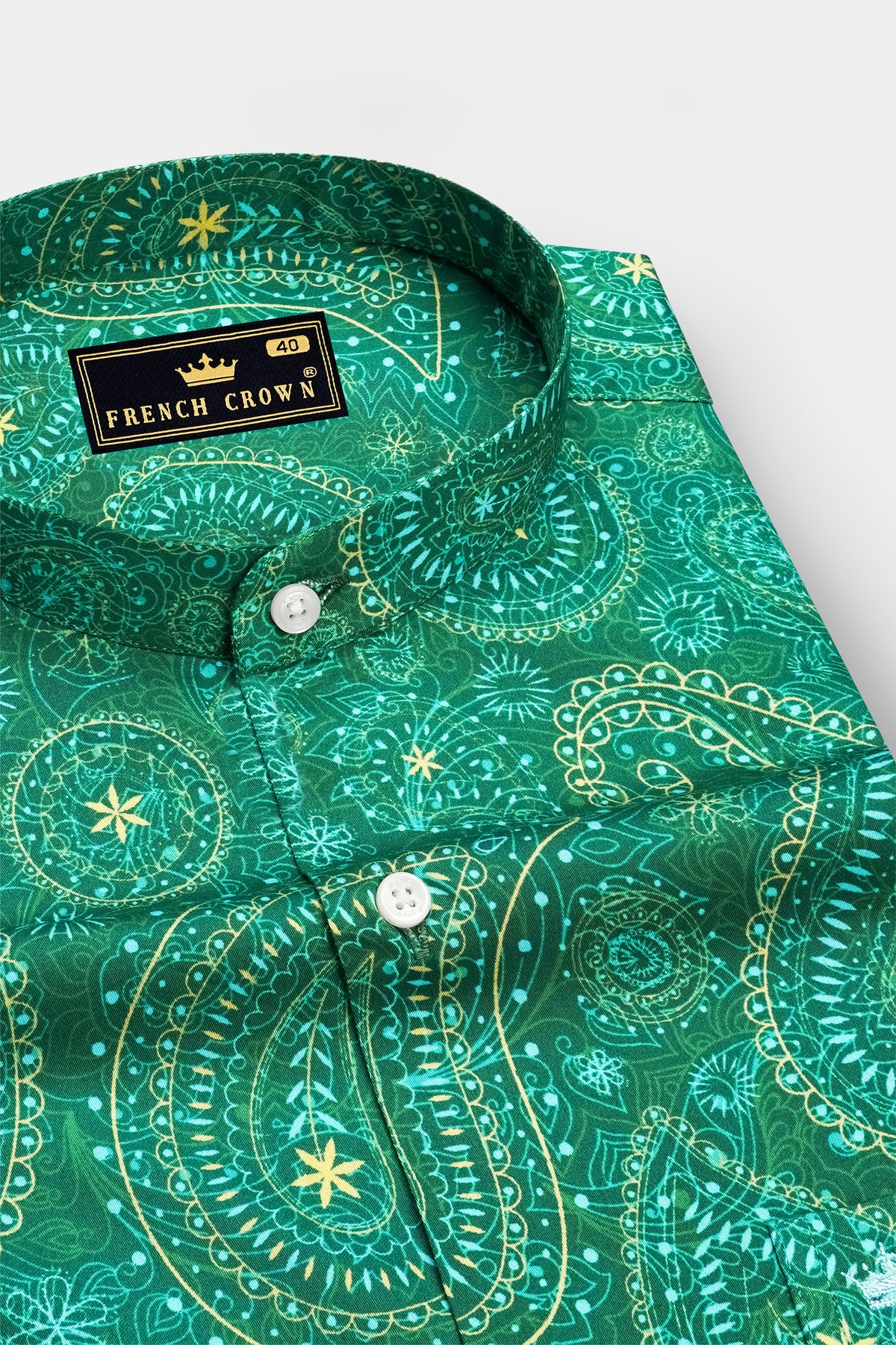 Verdelle-Tropical Green Ornamental Paisley Printed Subtle Sheen Super Soft Premium Cotton Mandarin Casual Shirt