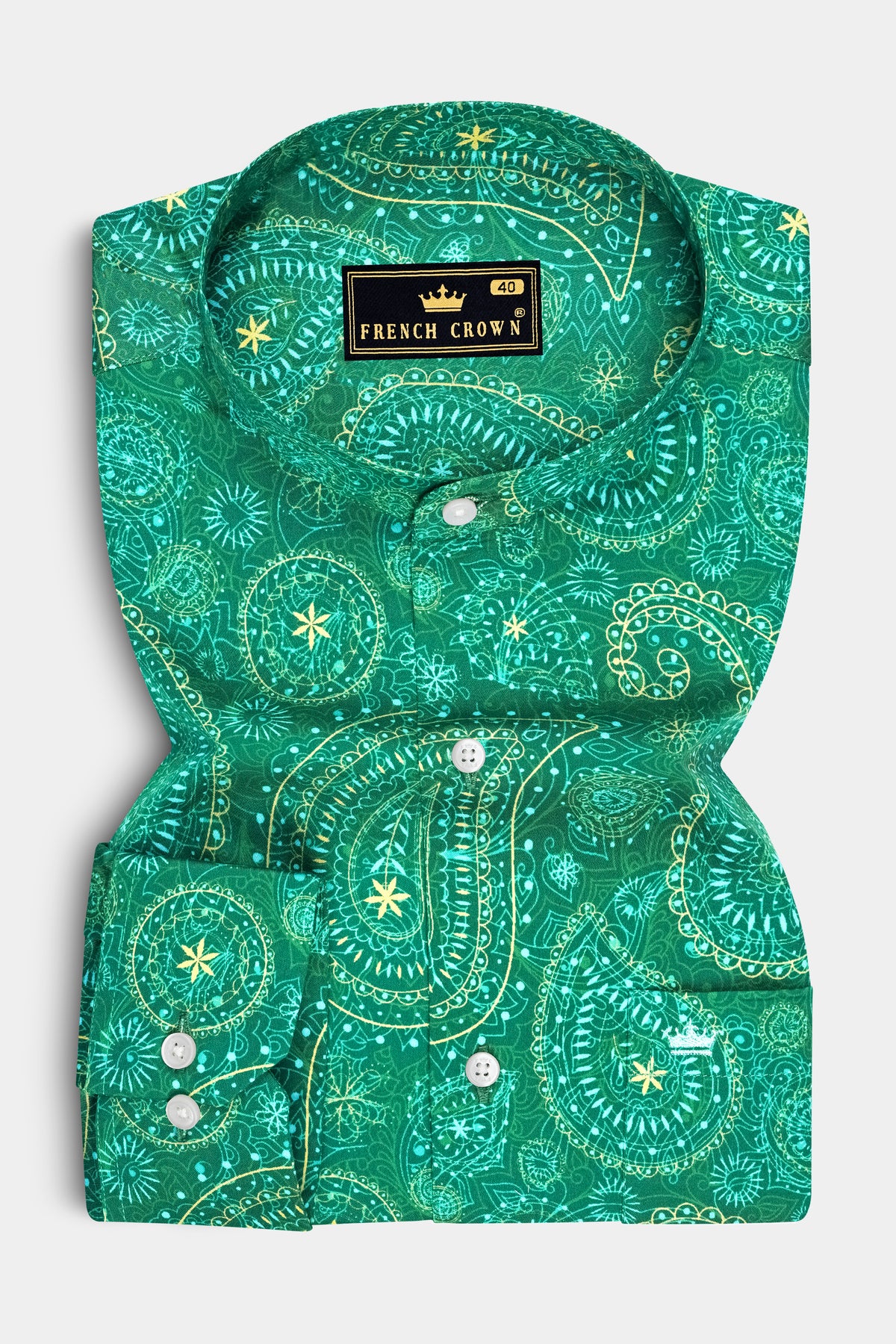 Verdelle-Tropical Green Ornamental Paisley Printed Subtle Sheen Super Soft Premium Cotton Mandarin Casual Shirt