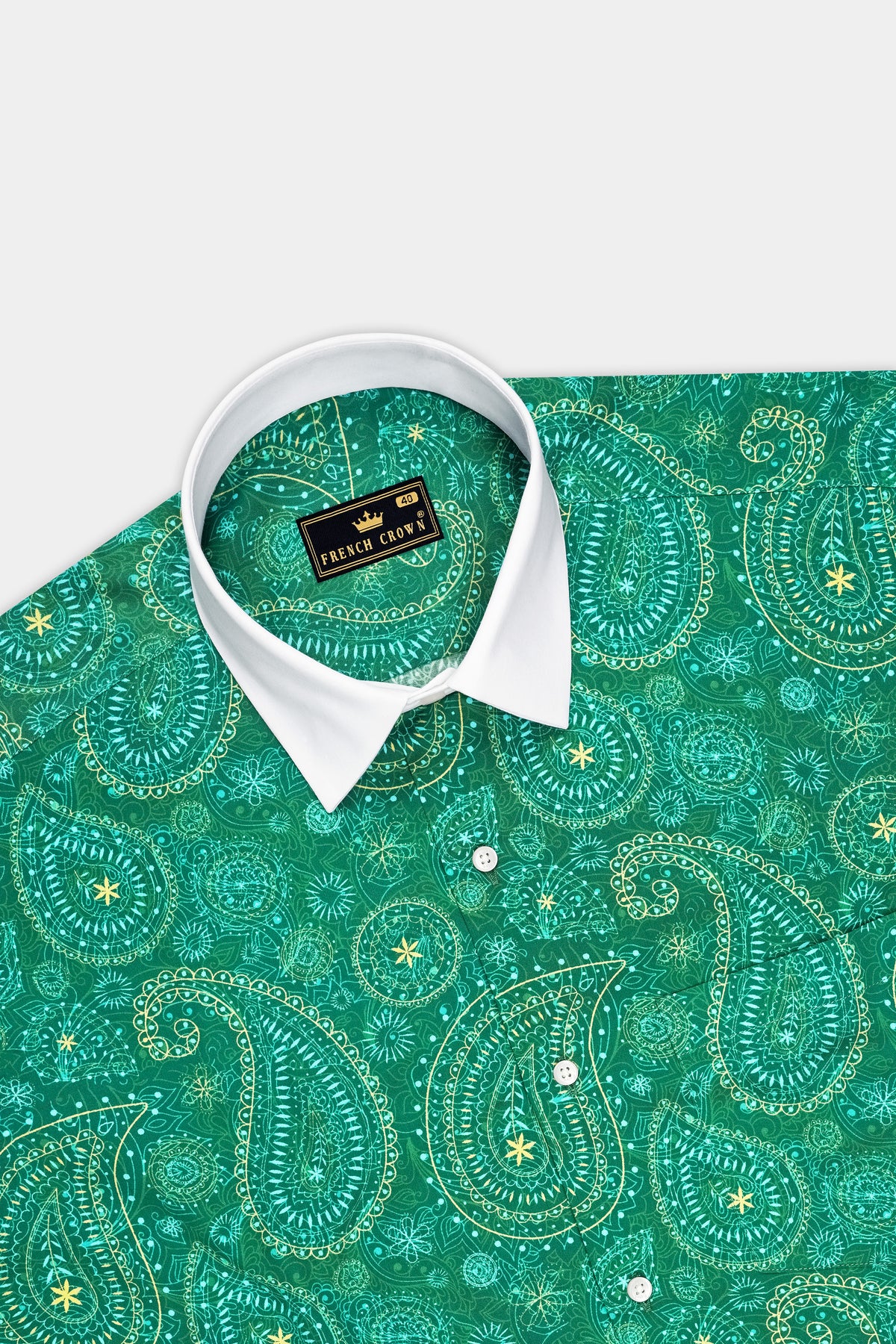 Verdelle-Tropical Green Ornamental Paisley Printed Subtle Sheen Super Soft Premium Cotton White Cuff Collar Dress Shirt