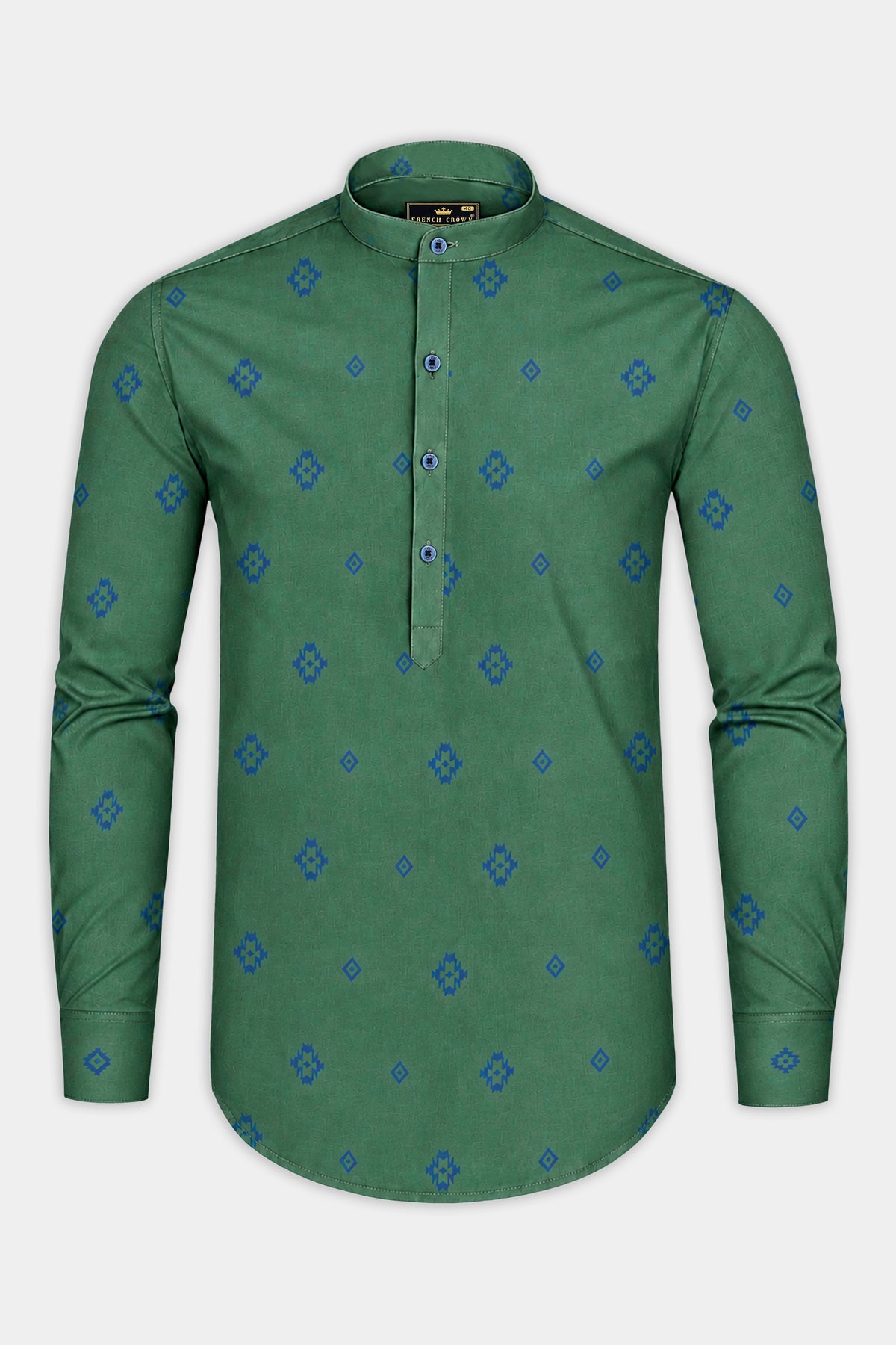 Eden-Como Green Printed Oxford Premium Cotton Mandarin Casual Shirt