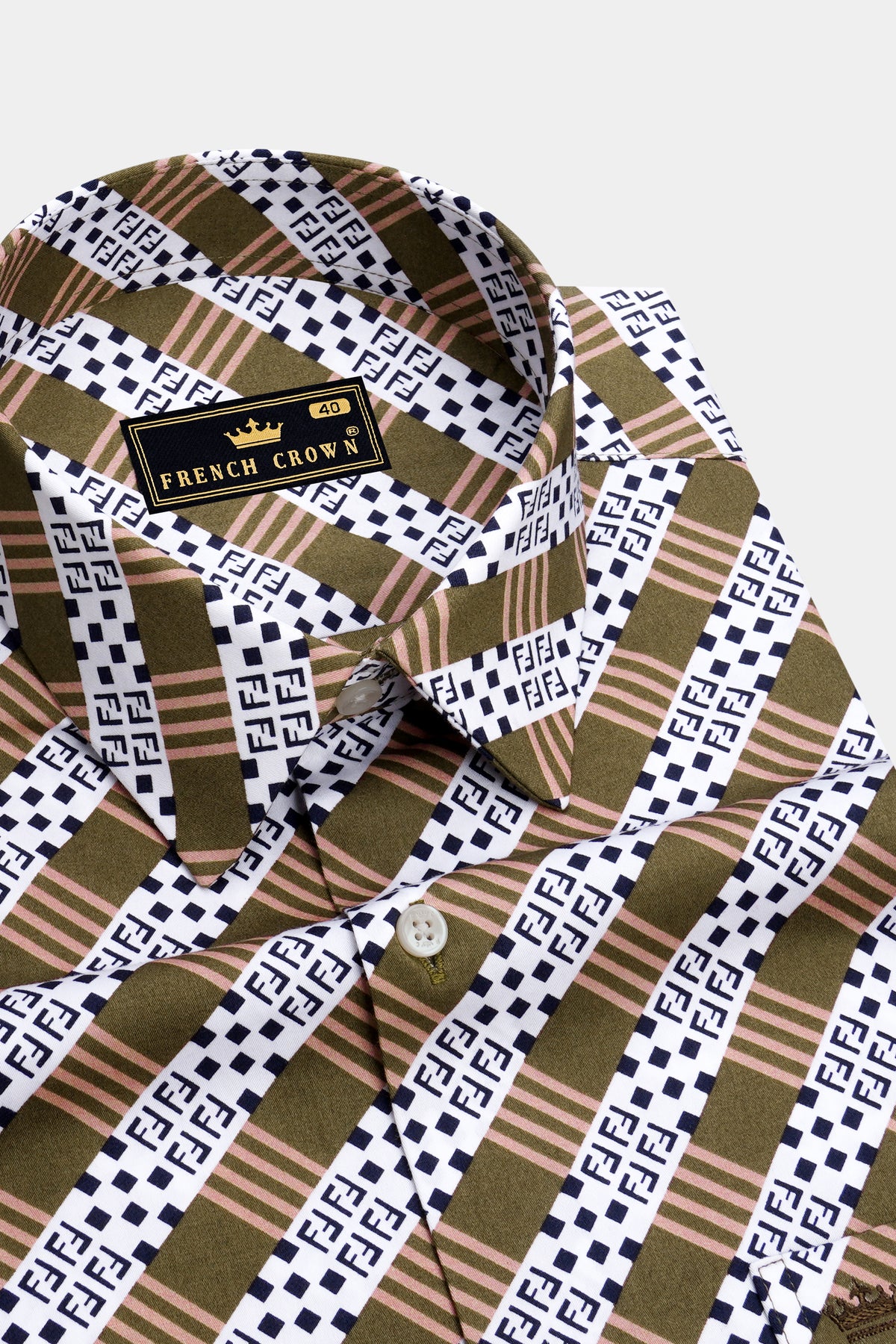 Heirloom-Woodland Brown And Bright White Heritage Monogram Printed Subtle Sheen Super Soft Premium Cotton Casual Shirt