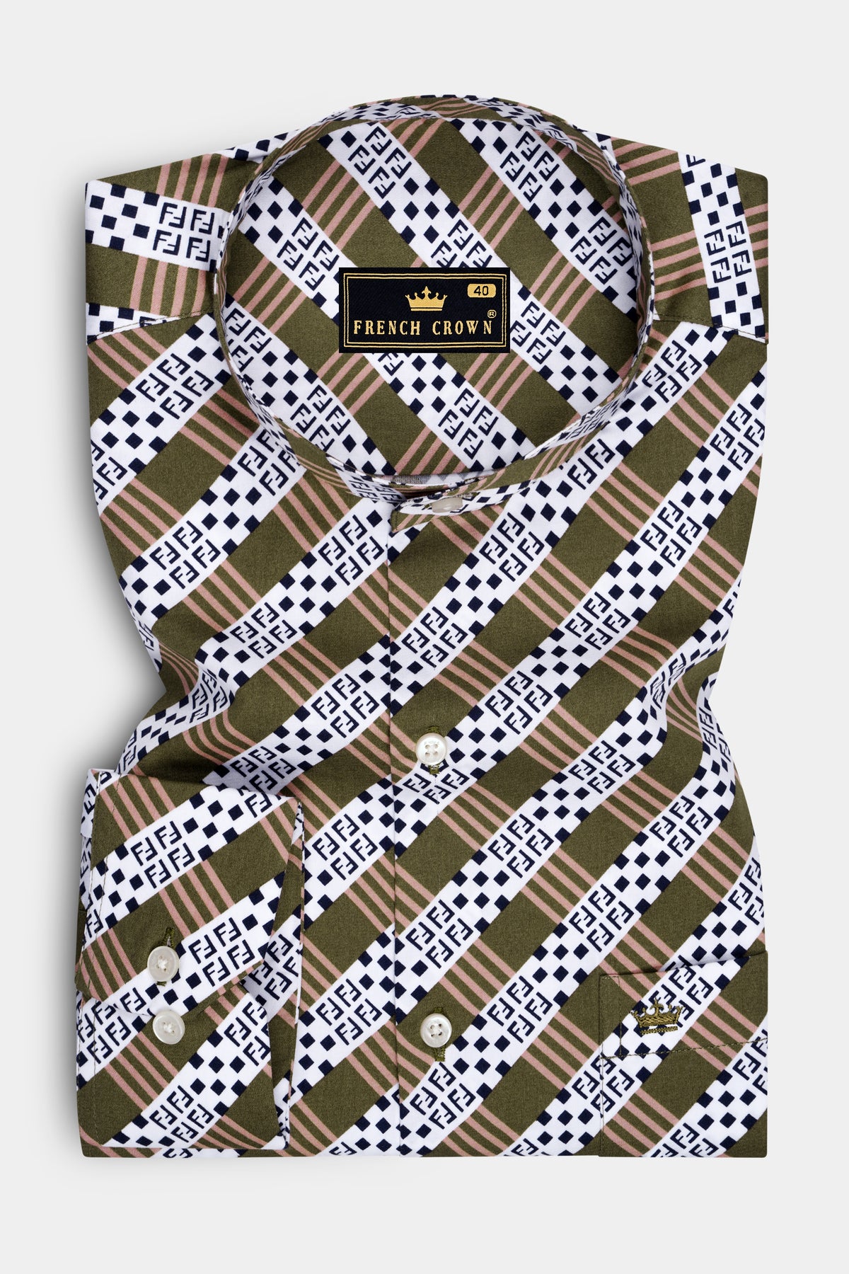 Heirloom-Woodland Brown And Bright White Heritage Monogram Printed Subtle Sheen Super Soft Premium Cotton Mandarin Casual Shirt