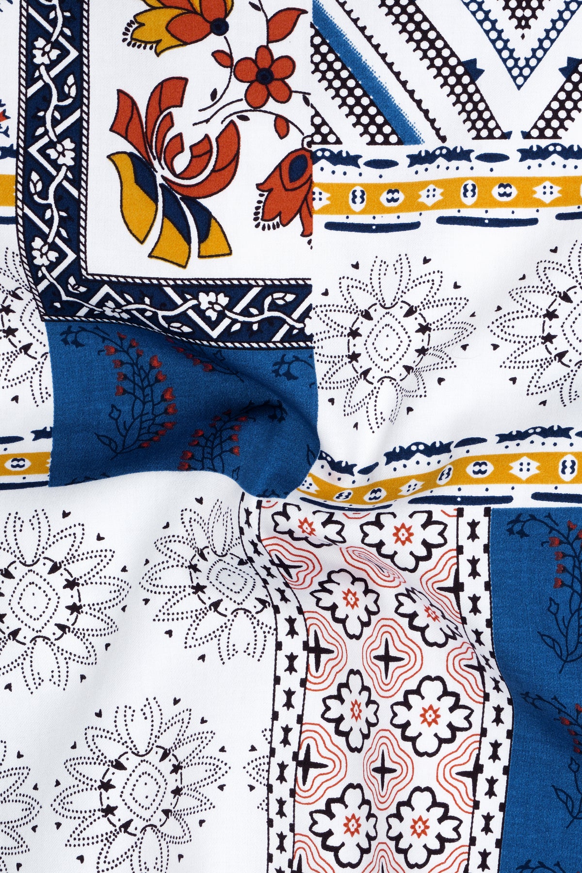 Mosaic-Bright White And Cobalt Blue Multicolor Floral Geometric Patchwork Printed Subtle Sheen Super Soft Premium Cotton Casual Shirt