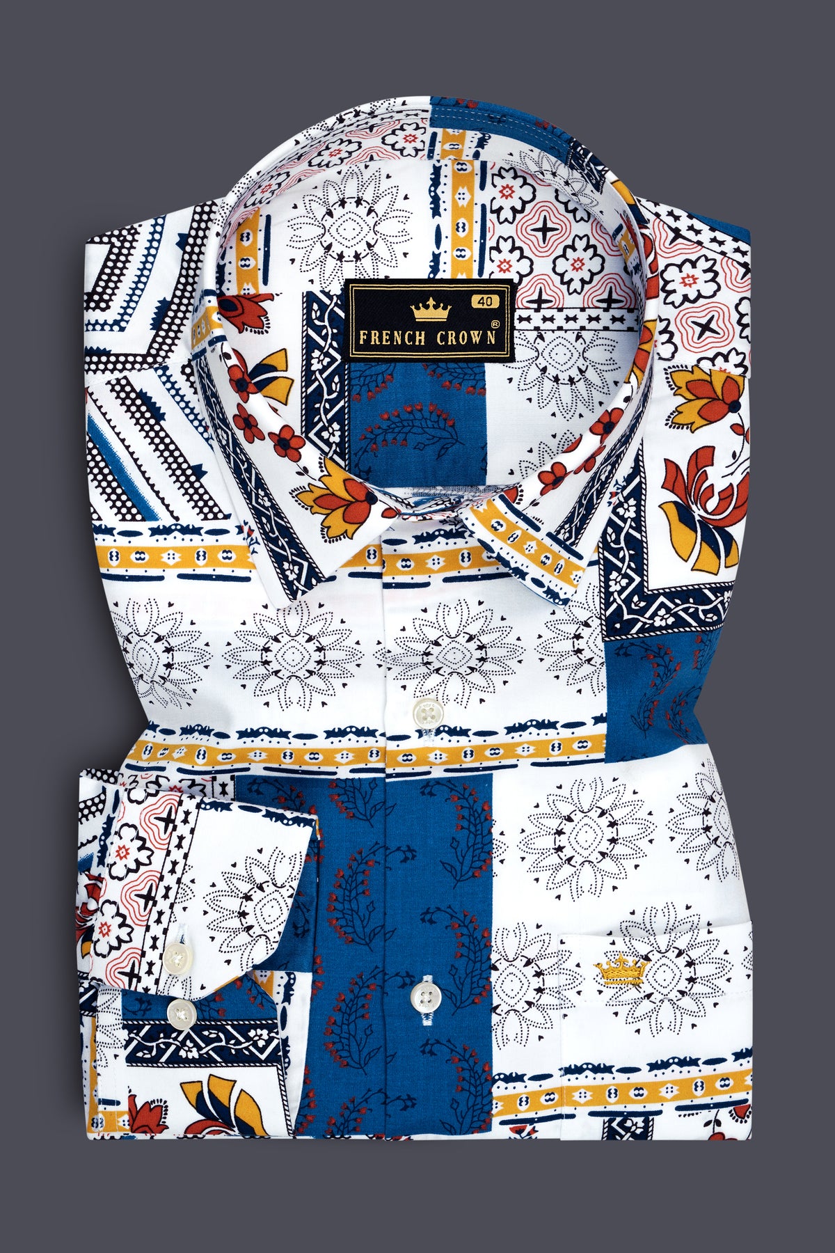 Mosaic-Bright White And Cobalt Blue Multicolor Floral Geometric Patchwork Printed Subtle Sheen Super Soft Premium Cotton Casual Shirt