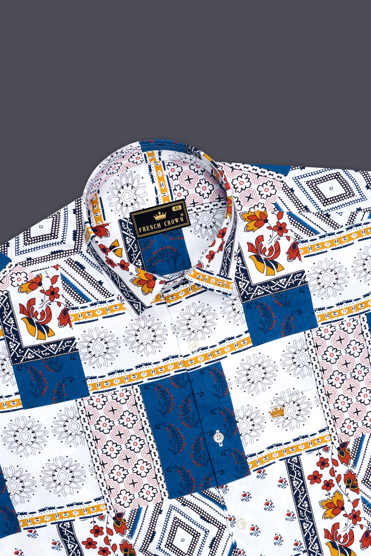Mosaic-Bright White And Cobalt Blue Multicolor Floral Geometric Patchwork Printed Subtle Sheen Super Soft Premium Cotton Casual Shirt