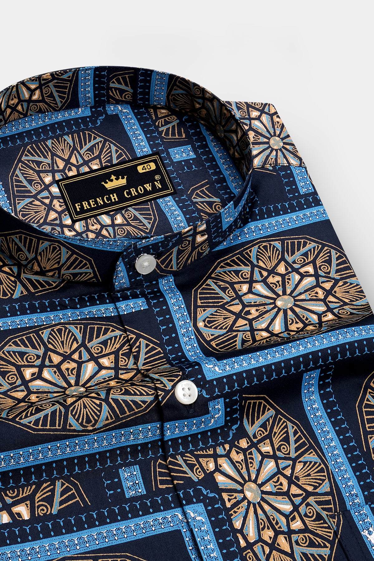 Mandal-Mirage Blue And Tan Brown Multicolor Geometric Medallion Printed Subtle Sheen Super Soft Premium Cotton Mandarin Casual Shirt