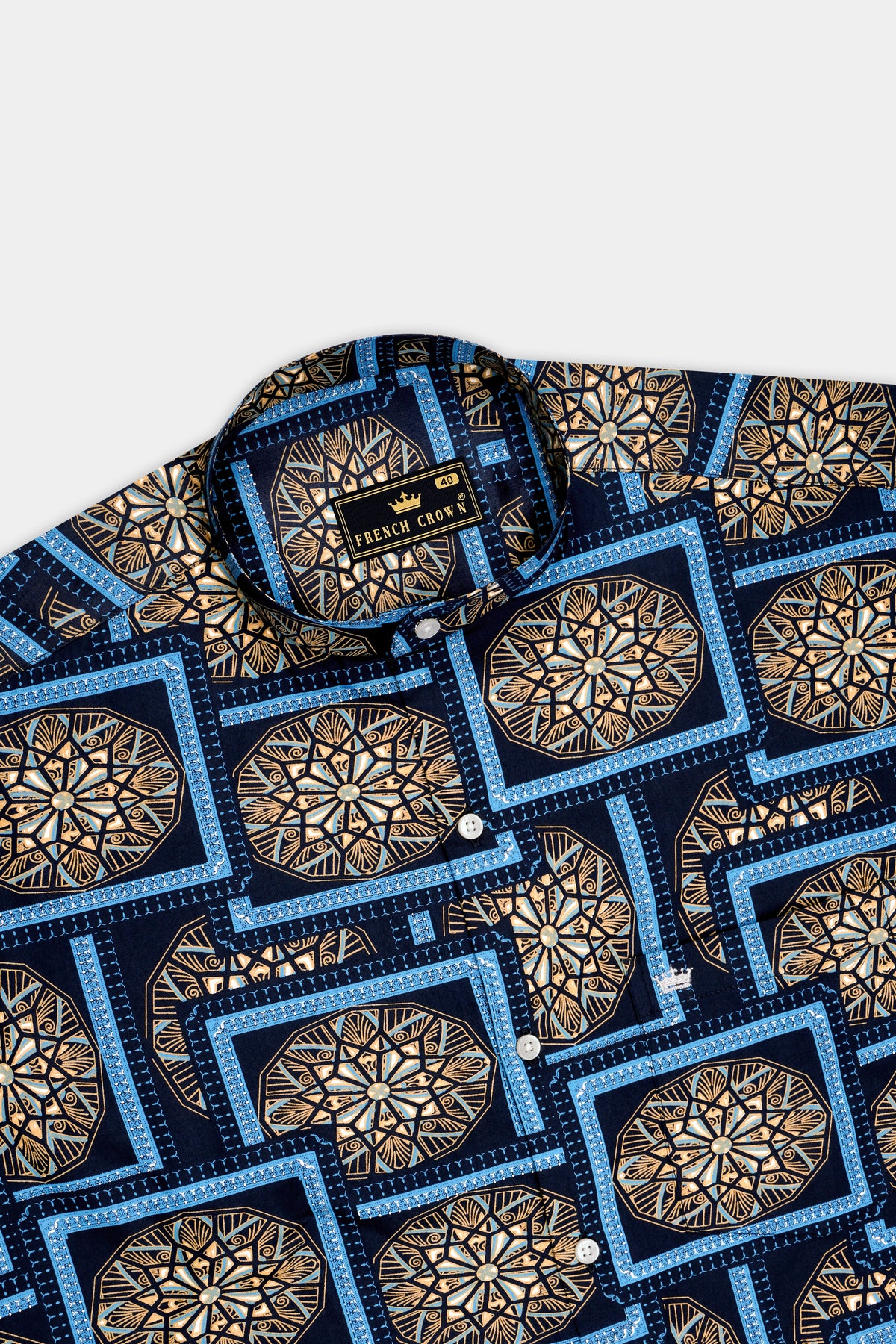 Mandal-Mirage Blue And Tan Brown Multicolor Geometric Medallion Printed Subtle Sheen Super Soft Premium Cotton Mandarin Casual Shirt