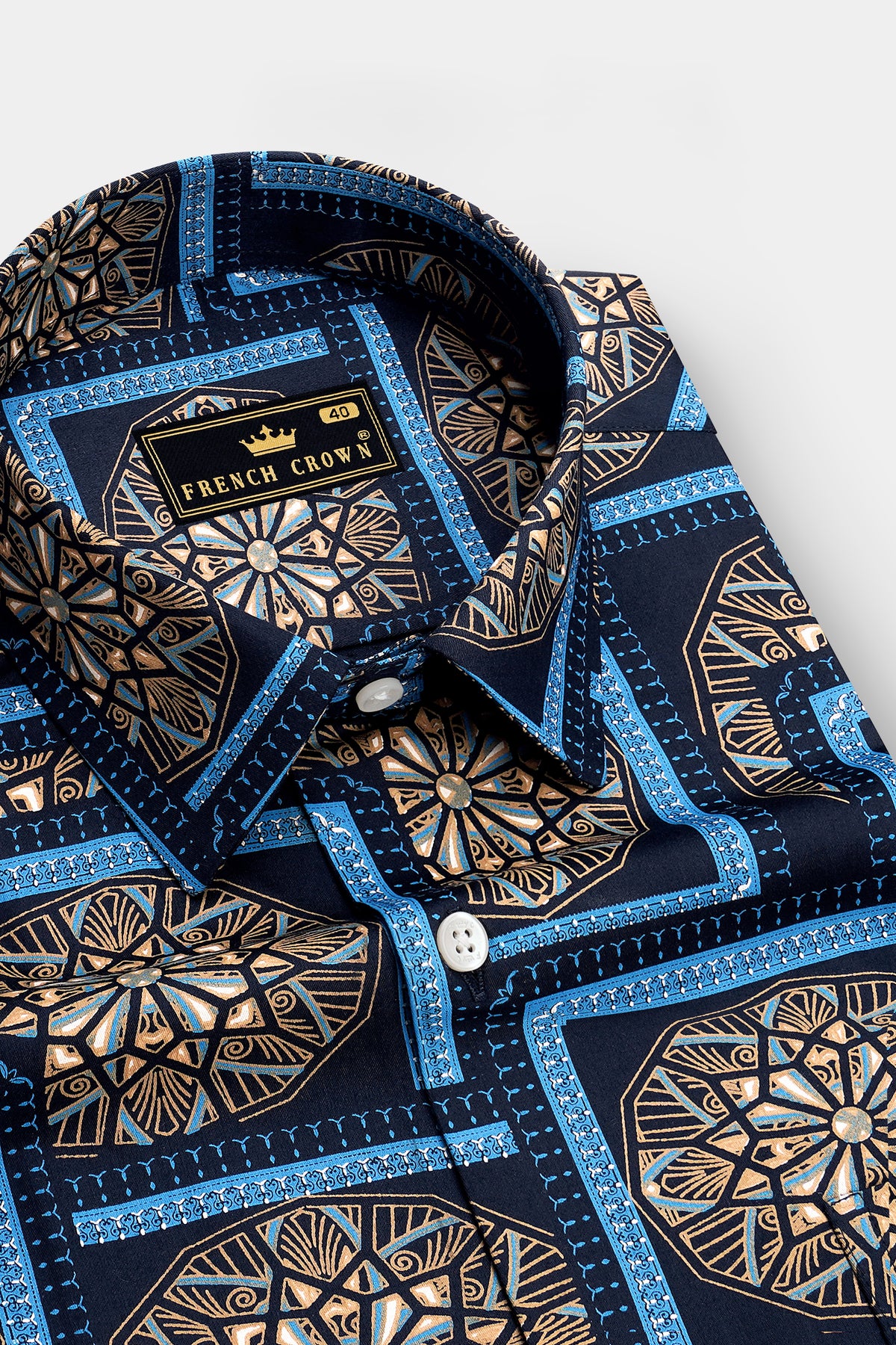 Mandal-Mirage Blue And Tan Brown Multicolor Geometric Medallion Printed Subtle Sheen Super Soft Premium Cotton Casual Shirt