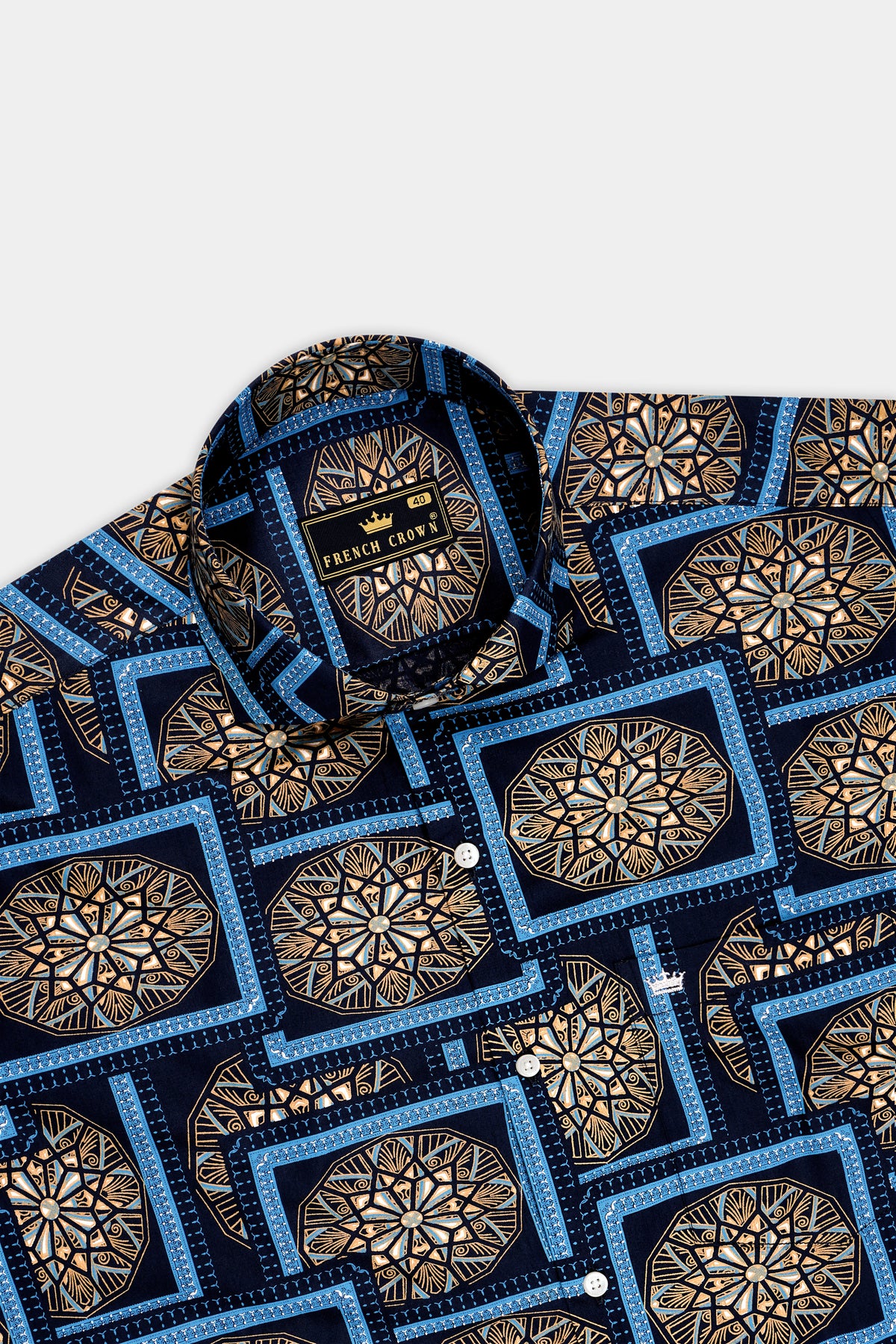 Mandal-Mirage Blue And Tan Brown Multicolor Geometric Medallion Printed Subtle Sheen Super Soft Premium Cotton Cut Away Casual Shirt