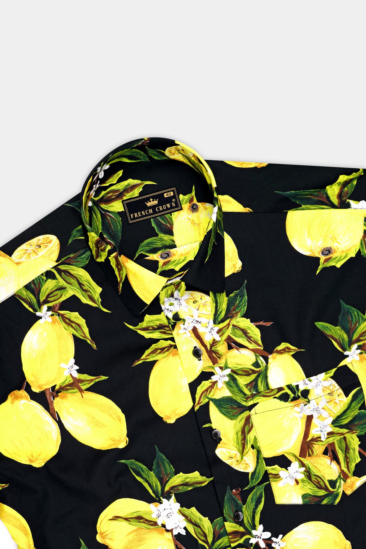 Citrina-Jade Black And Daffodil Yellow Lemon Floral Printed Poplin Giza Cotton Casual Shirt