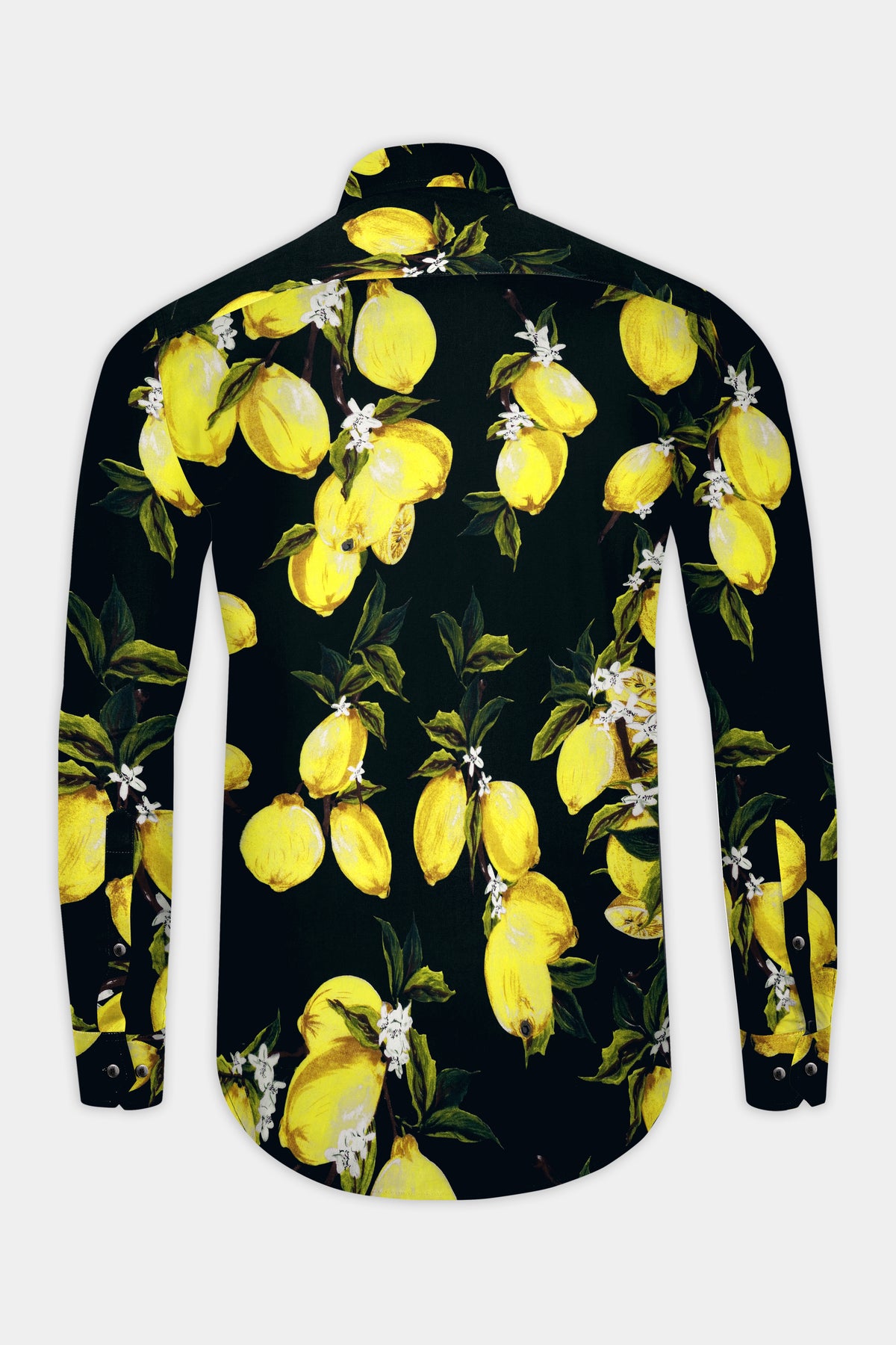 Citrina-Jade Black And Daffodil Yellow Lemon Floral Printed Poplin Giza Cotton Casual Shirt