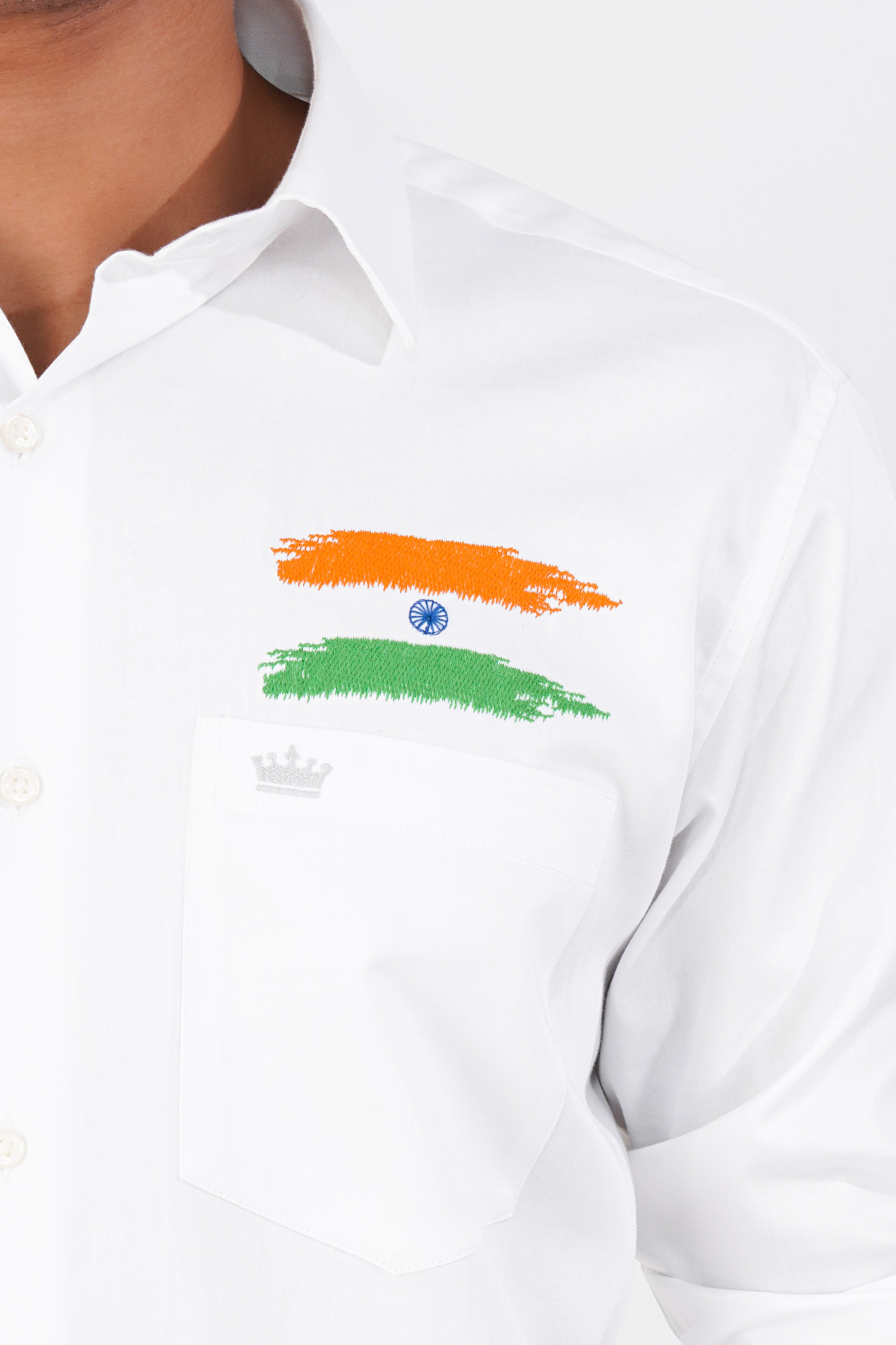 Bright White Indian Flag Embroidered Premium Cotton Designer Shirt