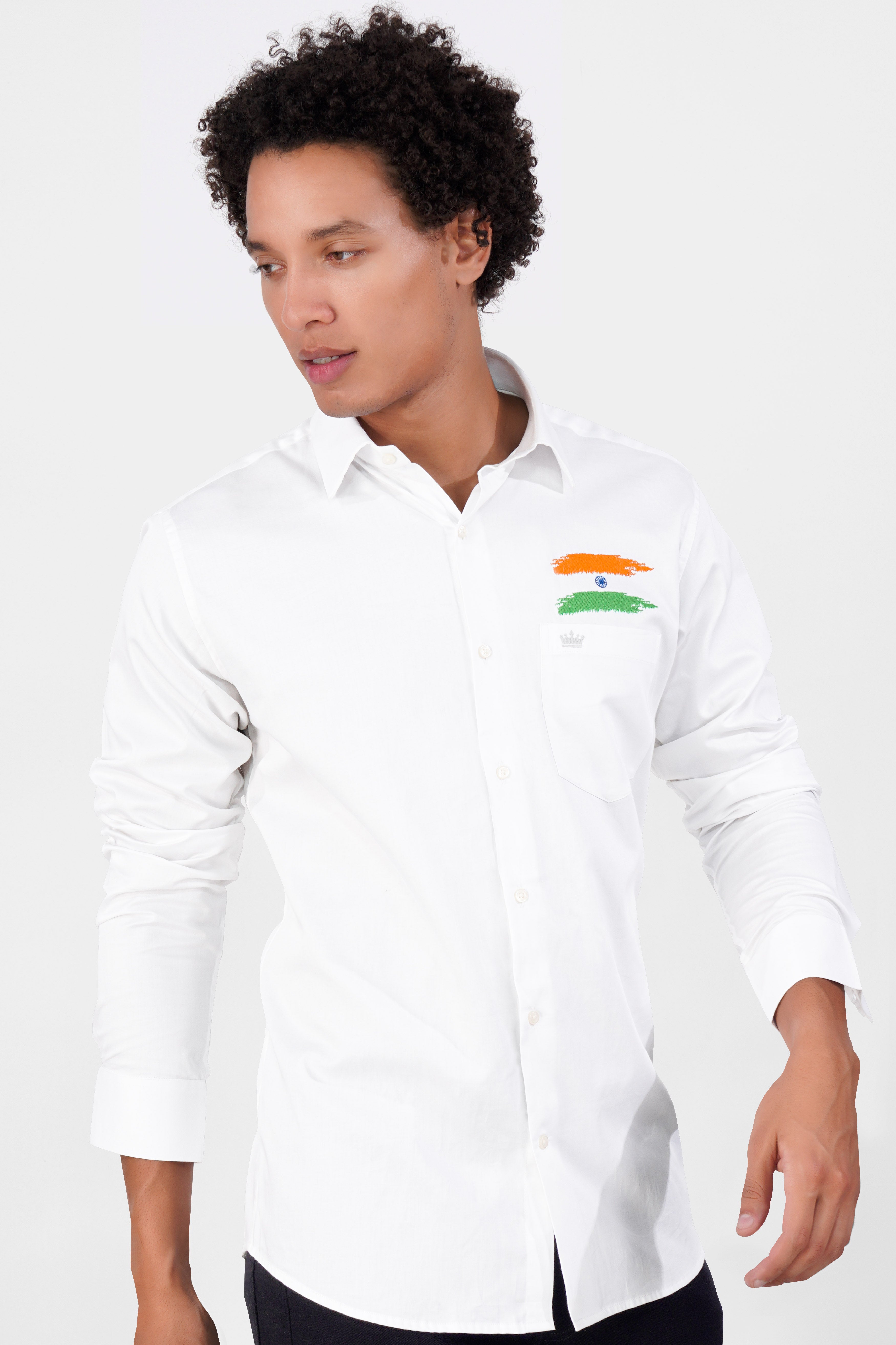 Bright White Indian Flag Embroidered Premium Cotton Designer Shirt