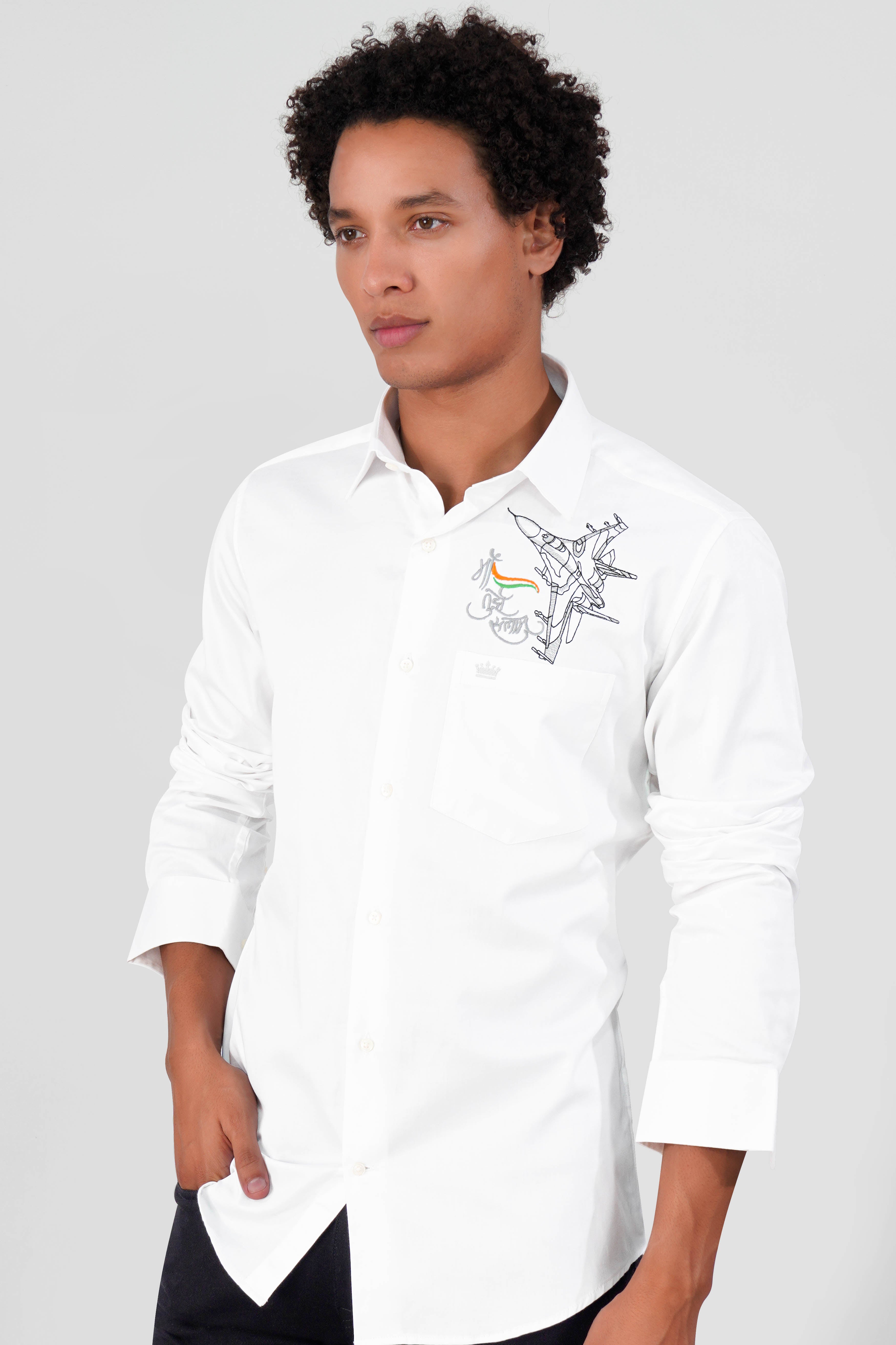 Bright White Maa Tujhe Salam Embroidered Premium Cotton Designer Shirt
