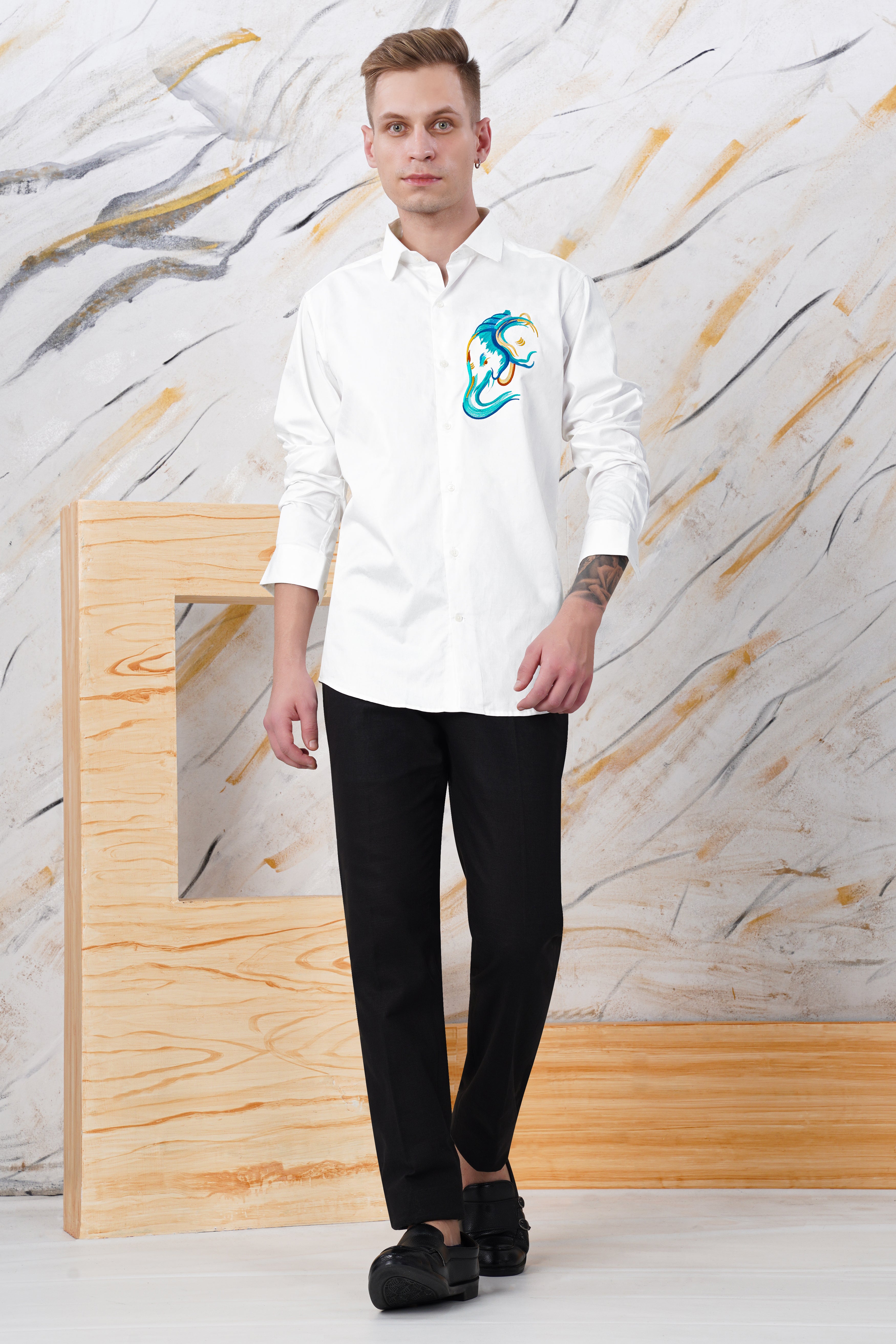 Bright White Lord Ganesha Embroidered Premium Cotton Designer Shirt