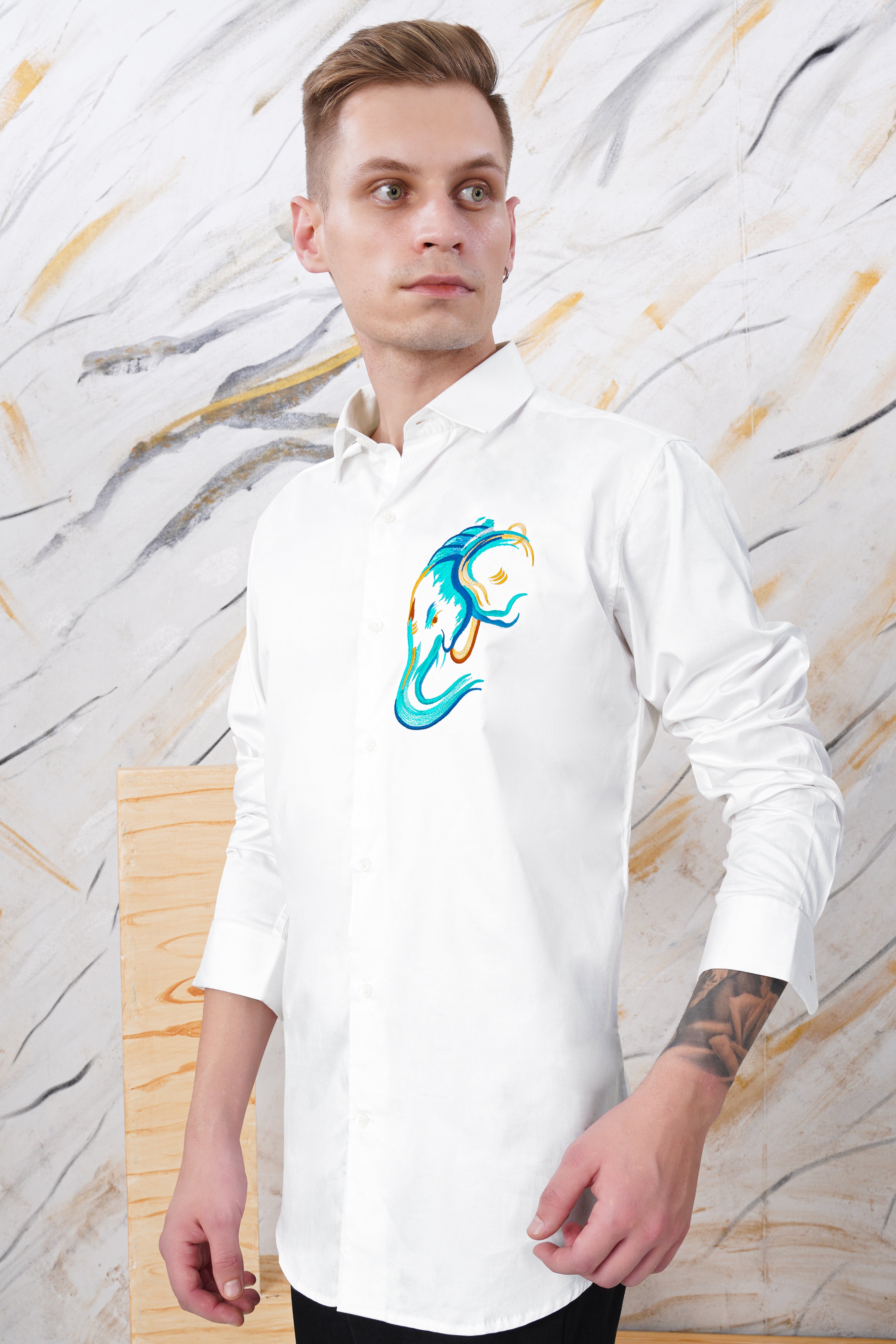 Bright White Lord Ganesha Embroidered Premium Cotton Designer Shirt