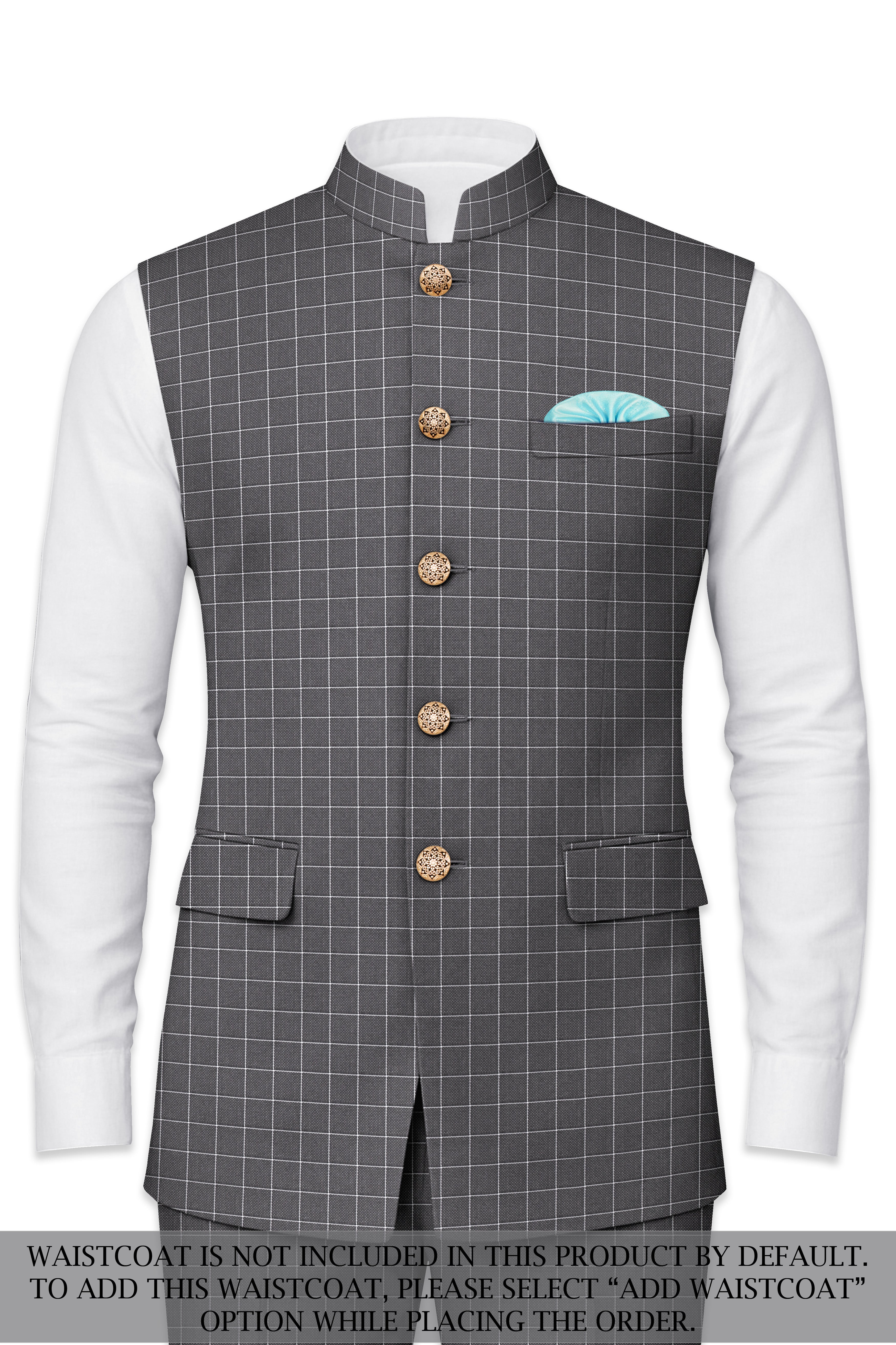 Mortar Gray Checkered Cross Placket Bandhgala Suit