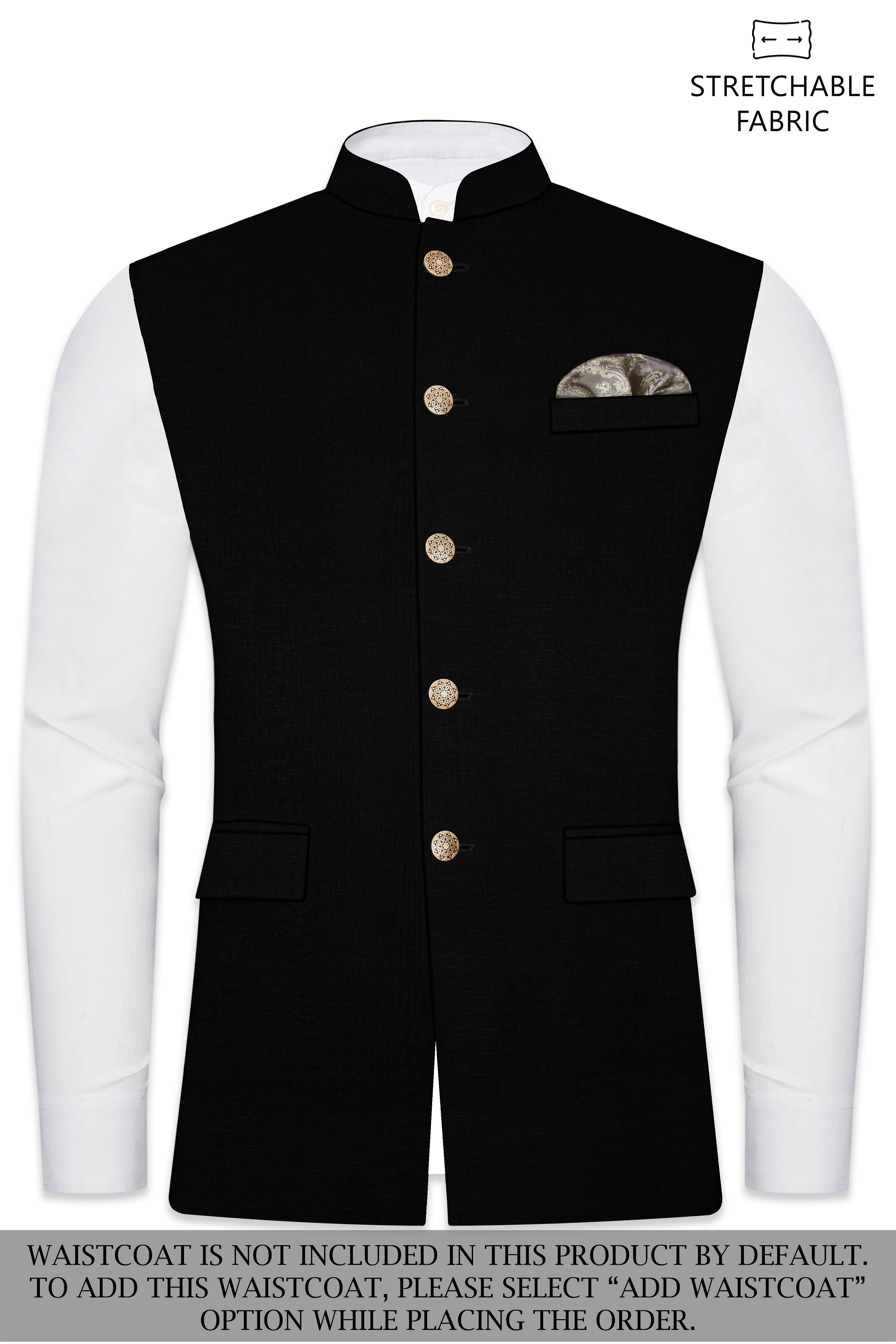 Jade Black Stretchable Subtle Sheen Cross Placket Double Closure Bandhgala/Mandarin Suit
