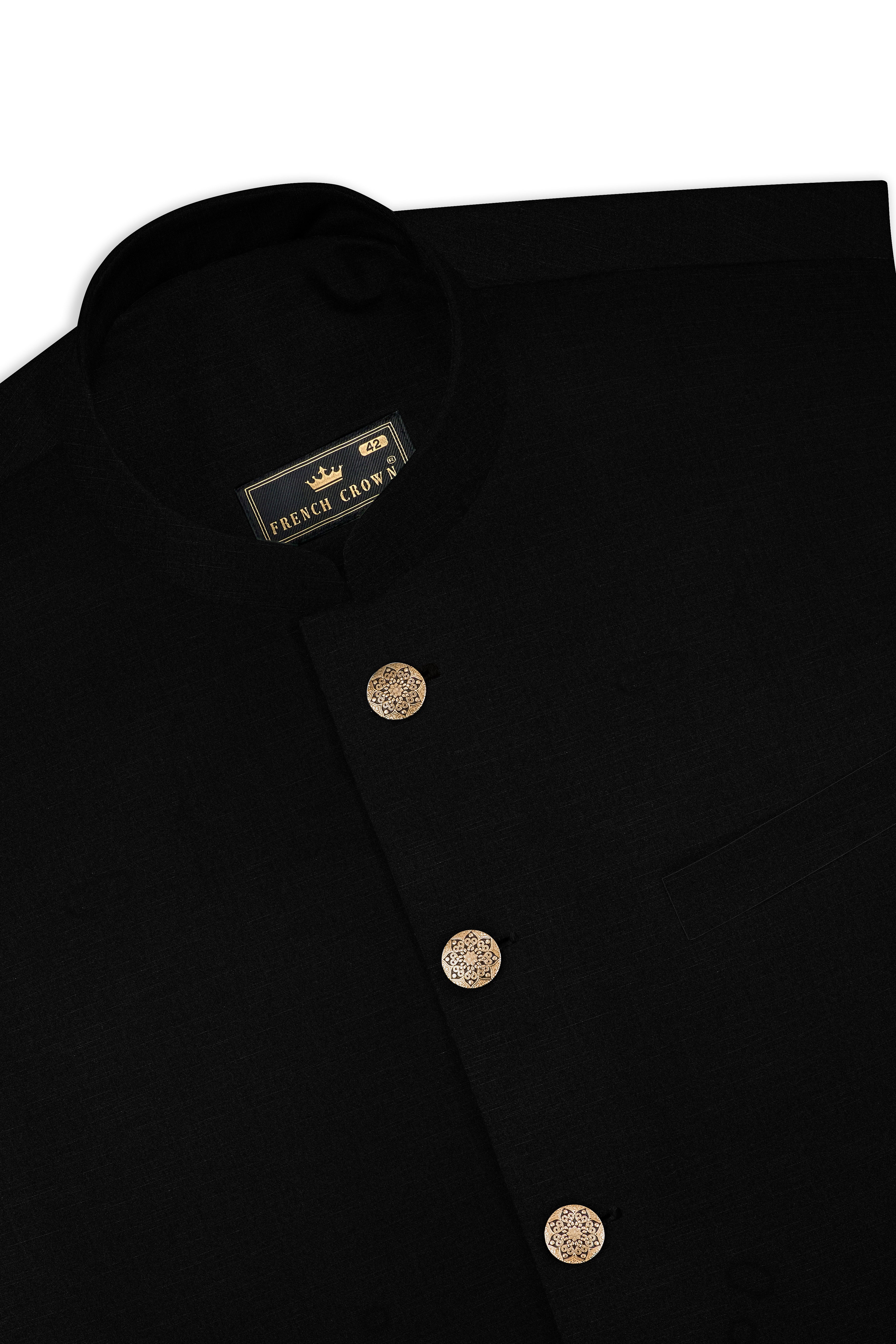 Jade Black Stretchable Subtle Sheen Cross Placket Double Closure Bandhgala/Mandarin Suit