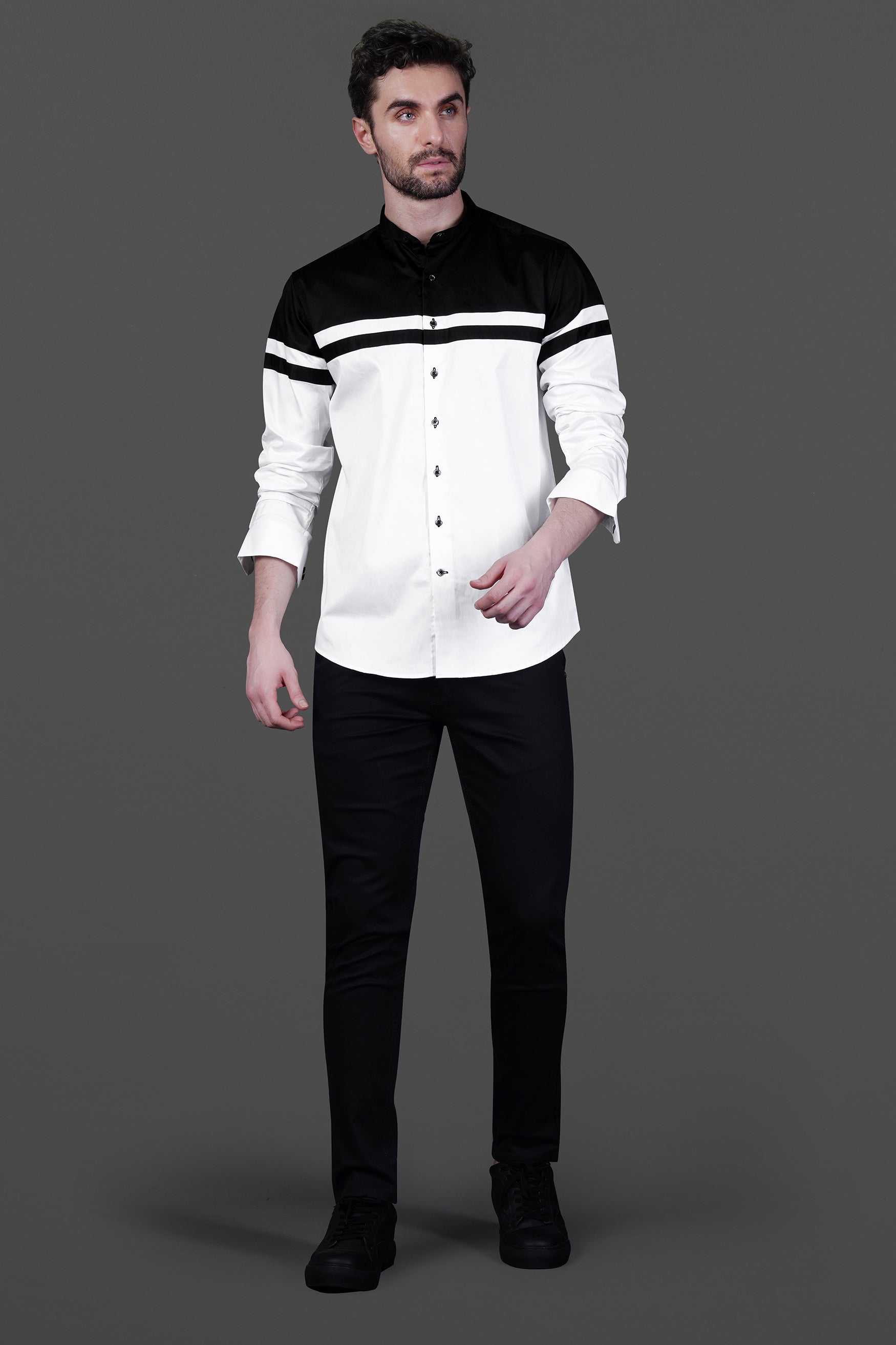 Bright White Subtle Sheen with Jade Black Chest Patch Patterned Super Soft Giza Cotton Shirt