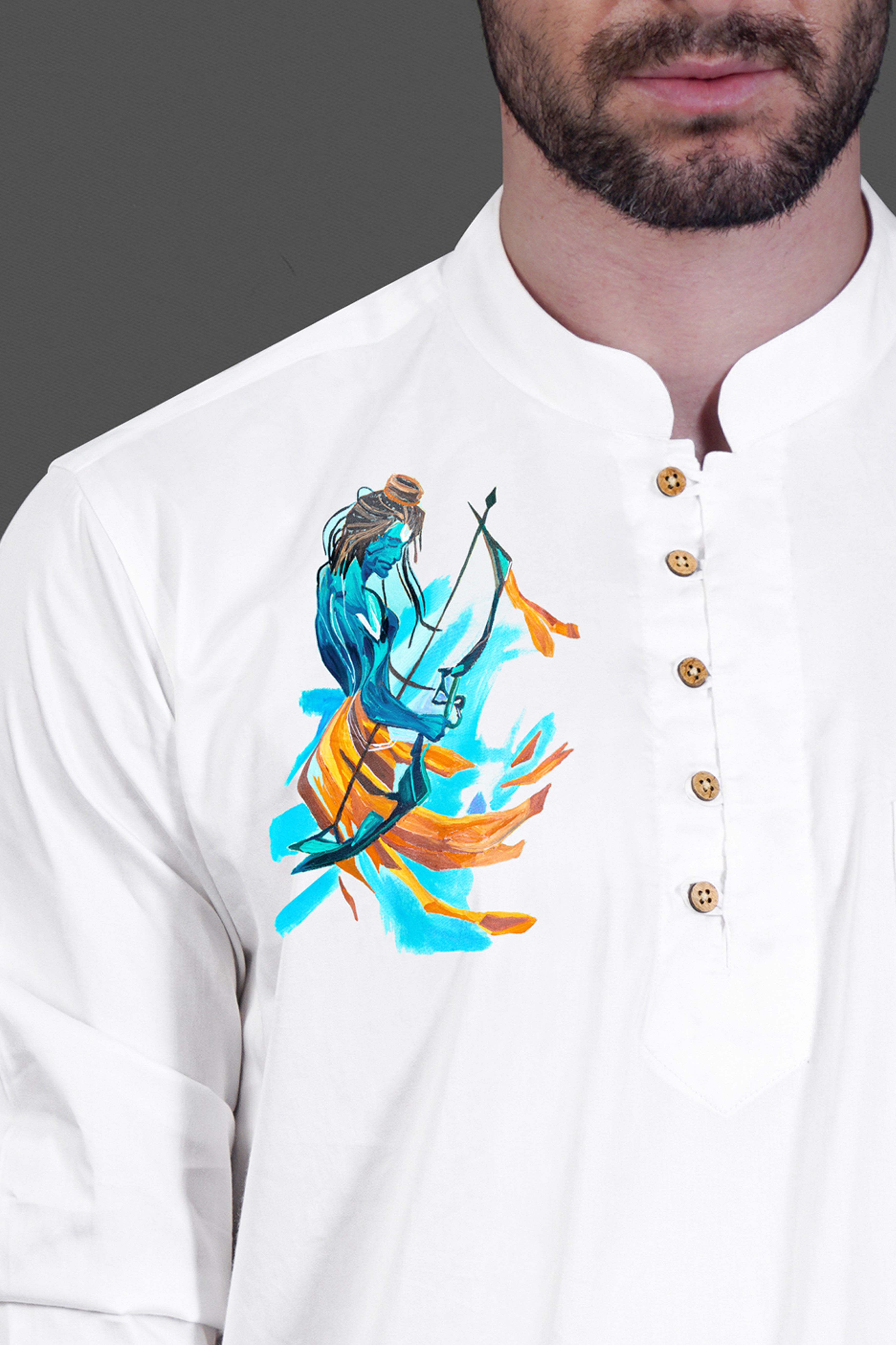 Bright White Lord Ram Hand Painted Effect Subtle Sheen Super Soft Premium Cotton Designer Kurta Shirt