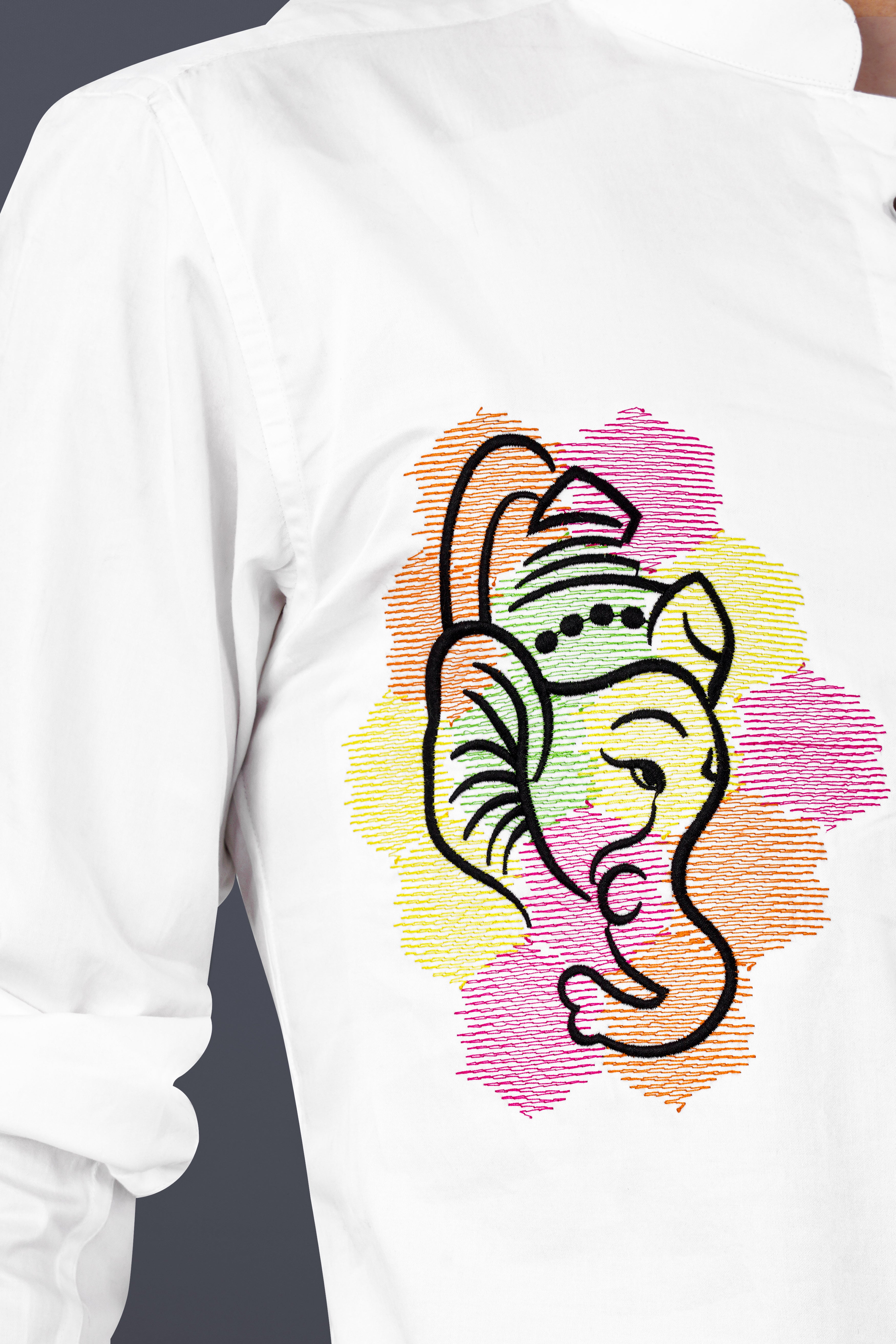 Bright White Lord Ganesha Embroidered Subtle Sheen Super Soft Premium Cotton Designer Kurta Shirt