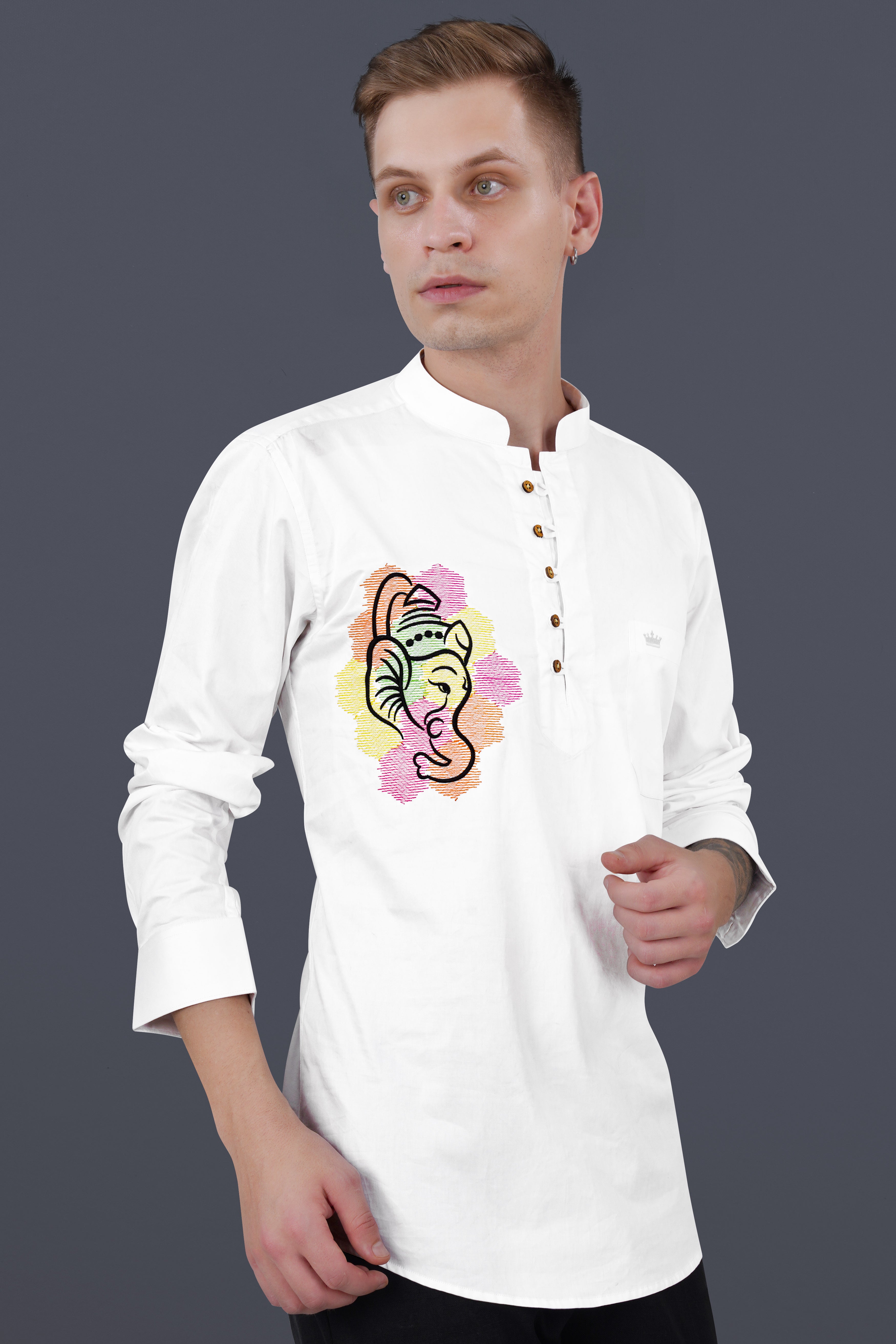 Bright White Lord Ganesha Embroidered Subtle Sheen Super Soft Premium Cotton Designer Kurta Shirt