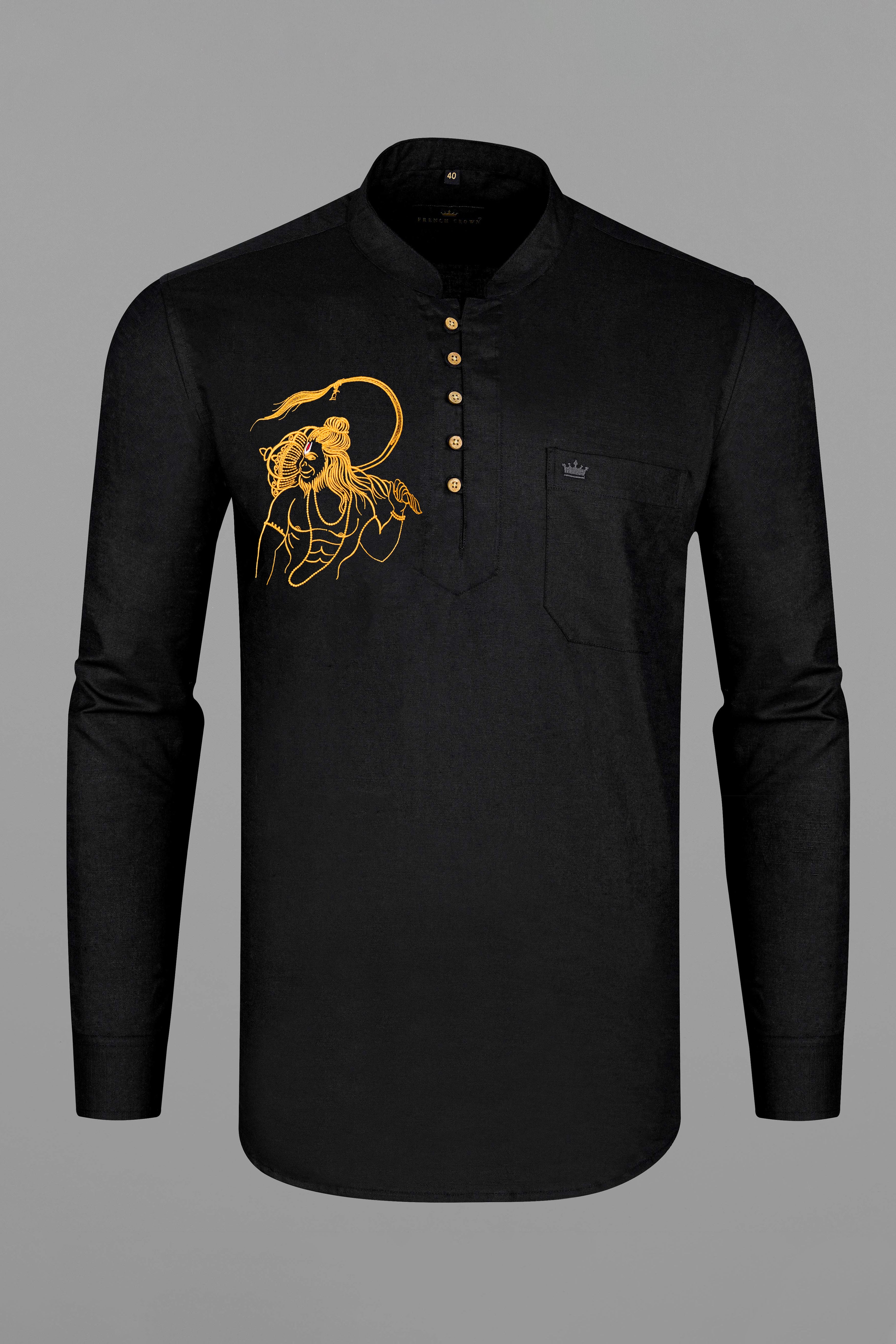 Jade Black Lord Hanuman Embroidered Luxurious Linen Designer Kurta Shirt