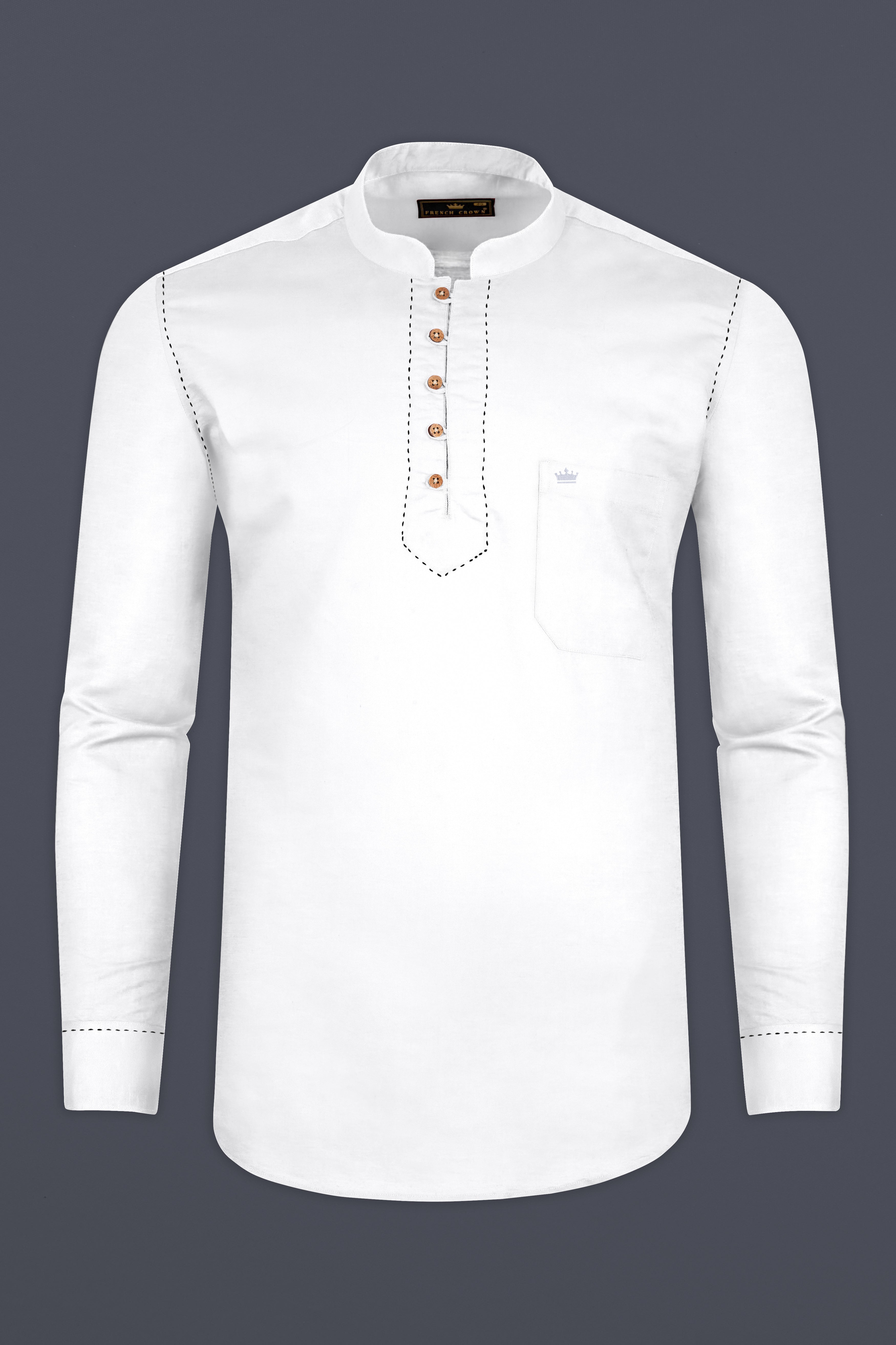 Bright White Subtle Sheen Rice Stitching Patterned Indian Kurta Style Super Soft Giza Cotton SHIRT