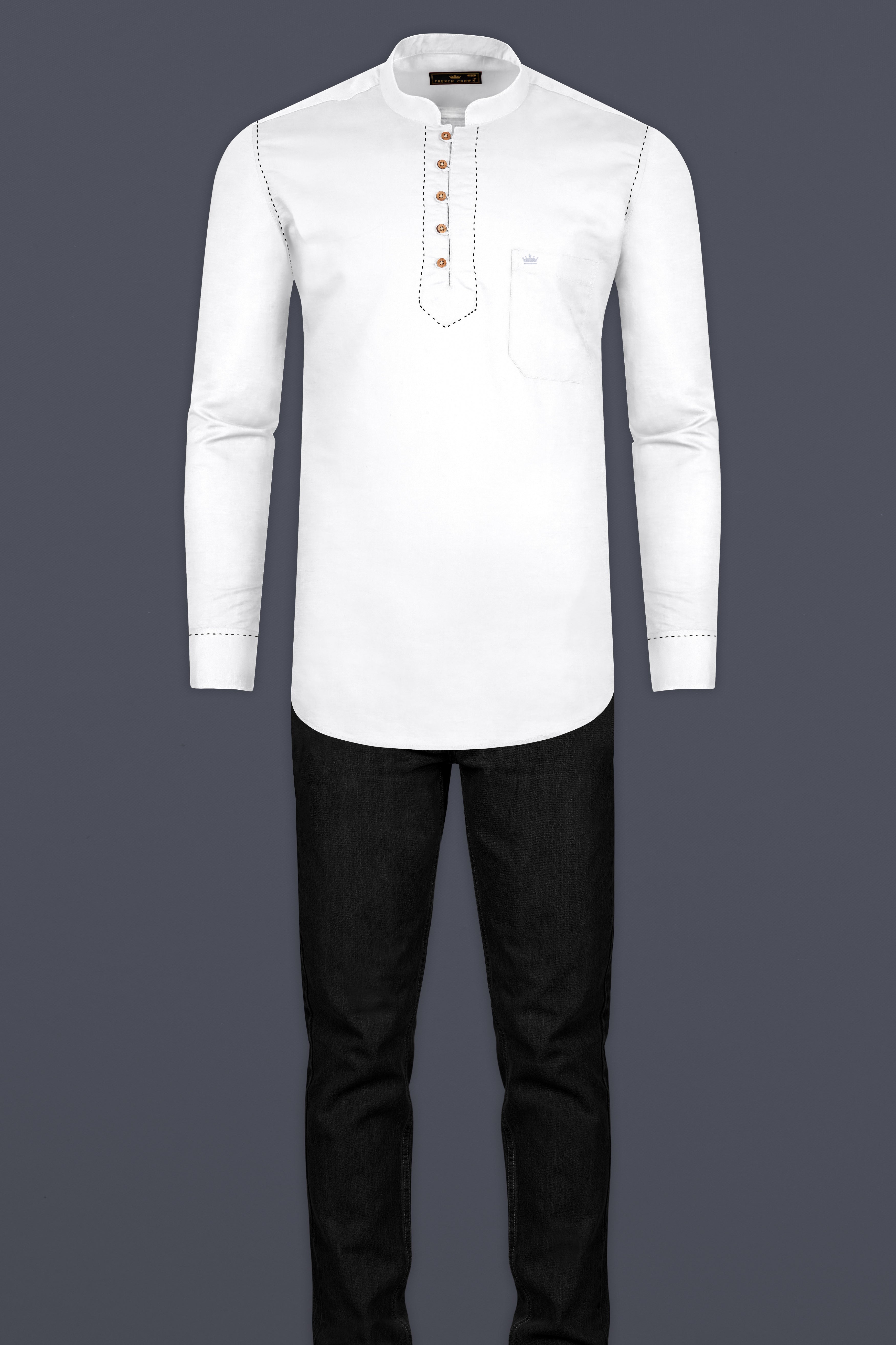 Bright White Subtle Sheen Rice Stitching Patterned Indian Kurta Style Super Soft Giza Cotton SHIRT