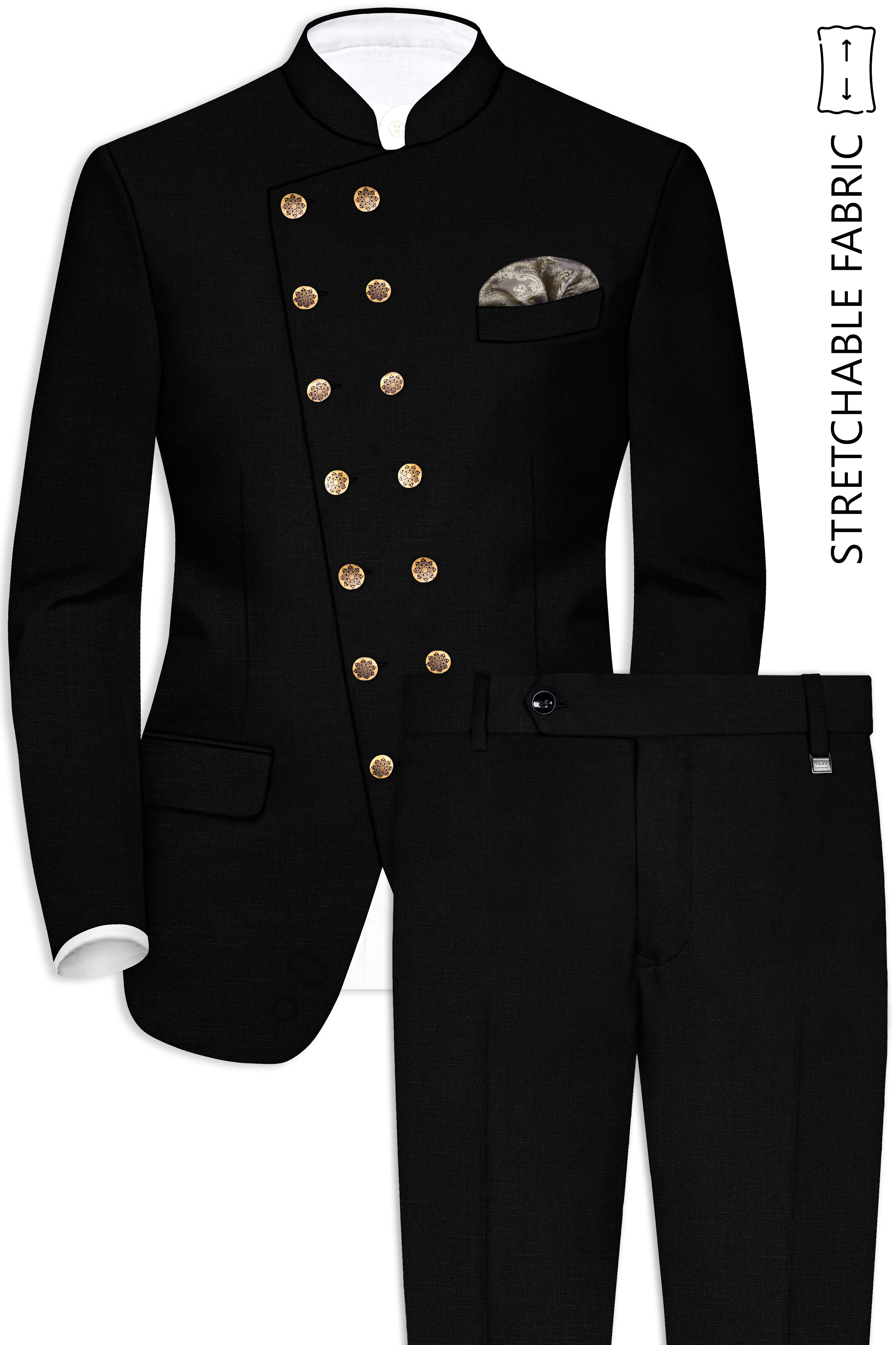 Jade Black Stretchable Subtle Sheen Cross Placket Double Closure Bandhgala/Mandarin Suit