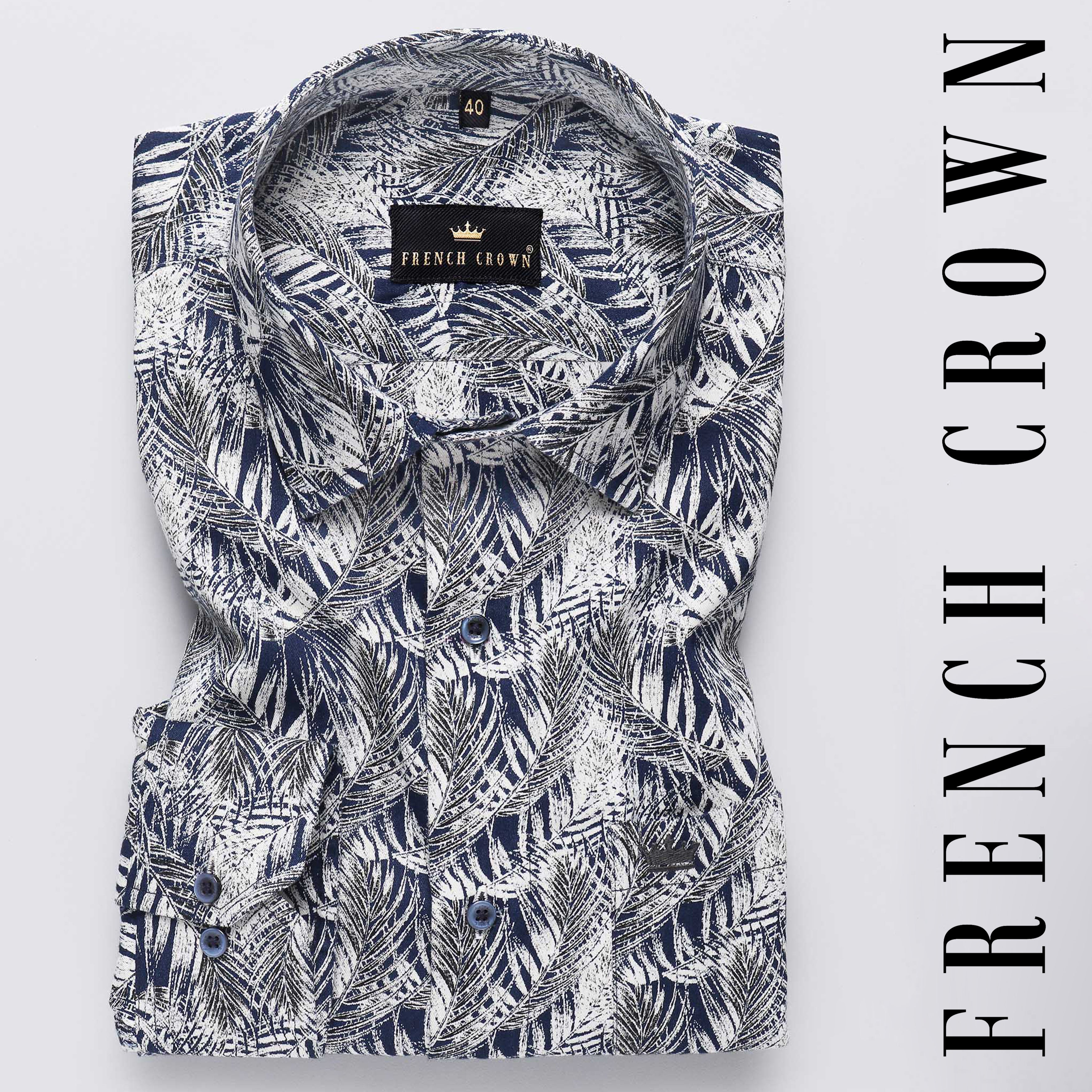 Navy with Leaves Print Premium Cotton Shirt