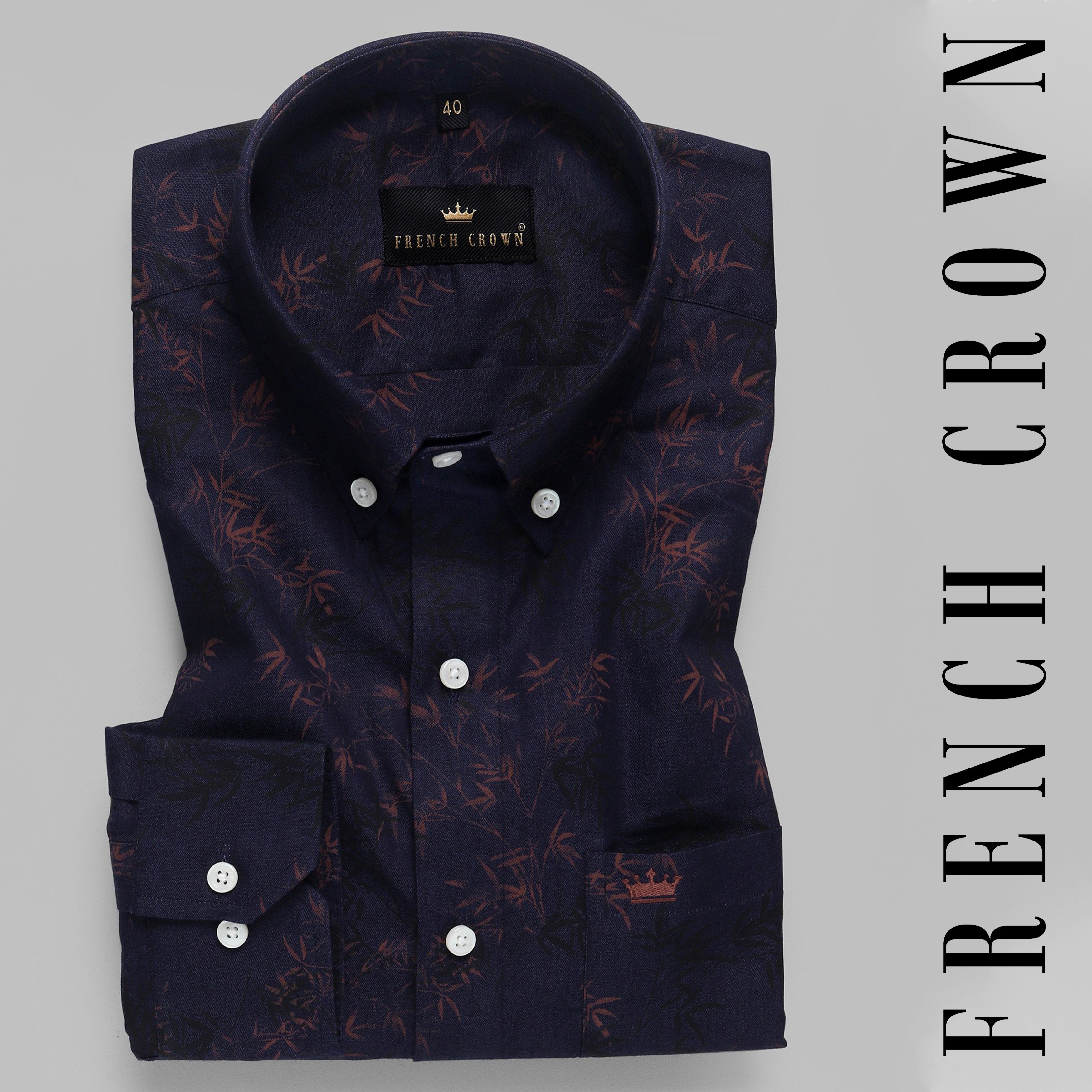 Navy With Rust and Black Leaves Print Premium Cotton Shirt