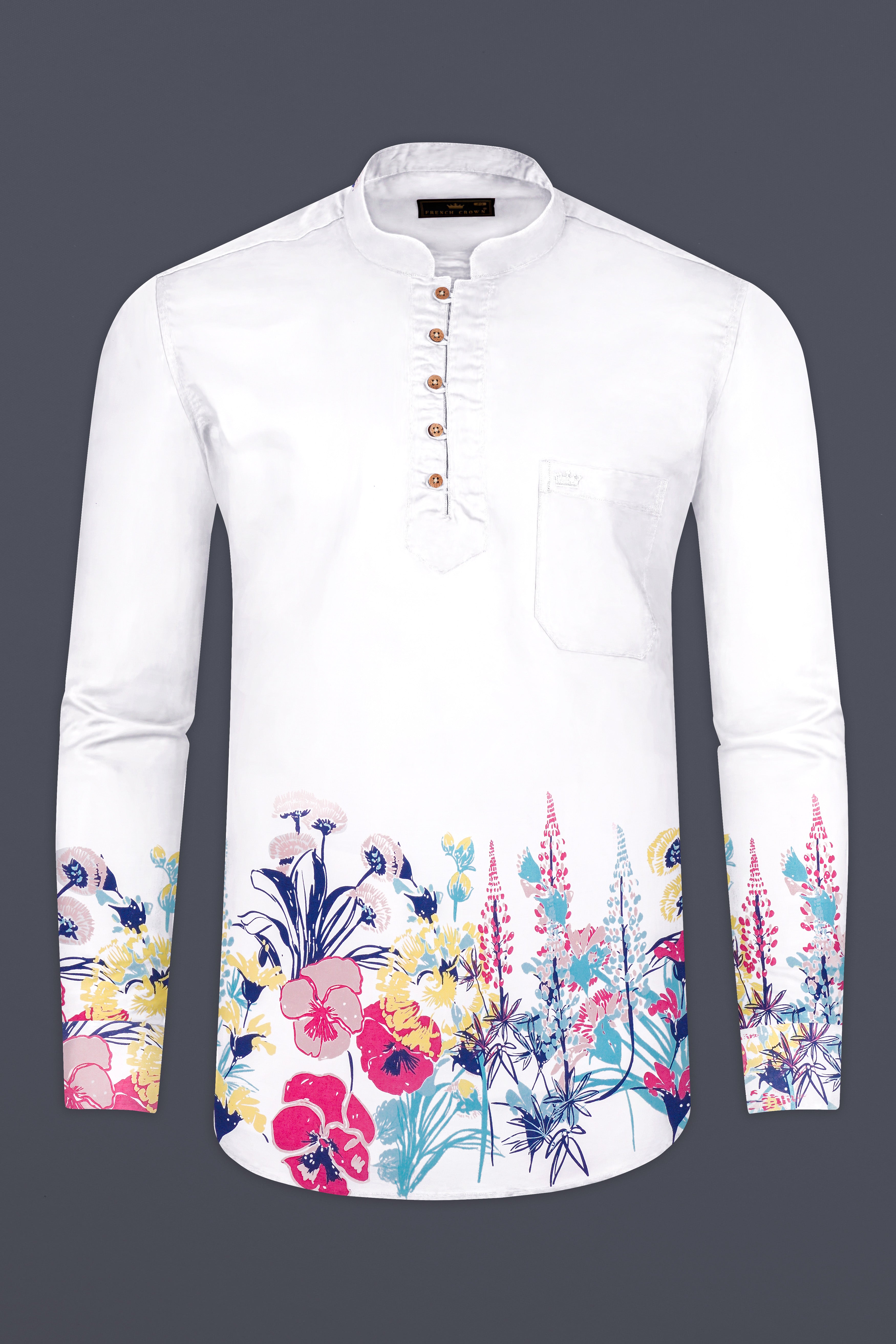 Bright White Flowers Printed Kurta Style Premium Cotton Shirt