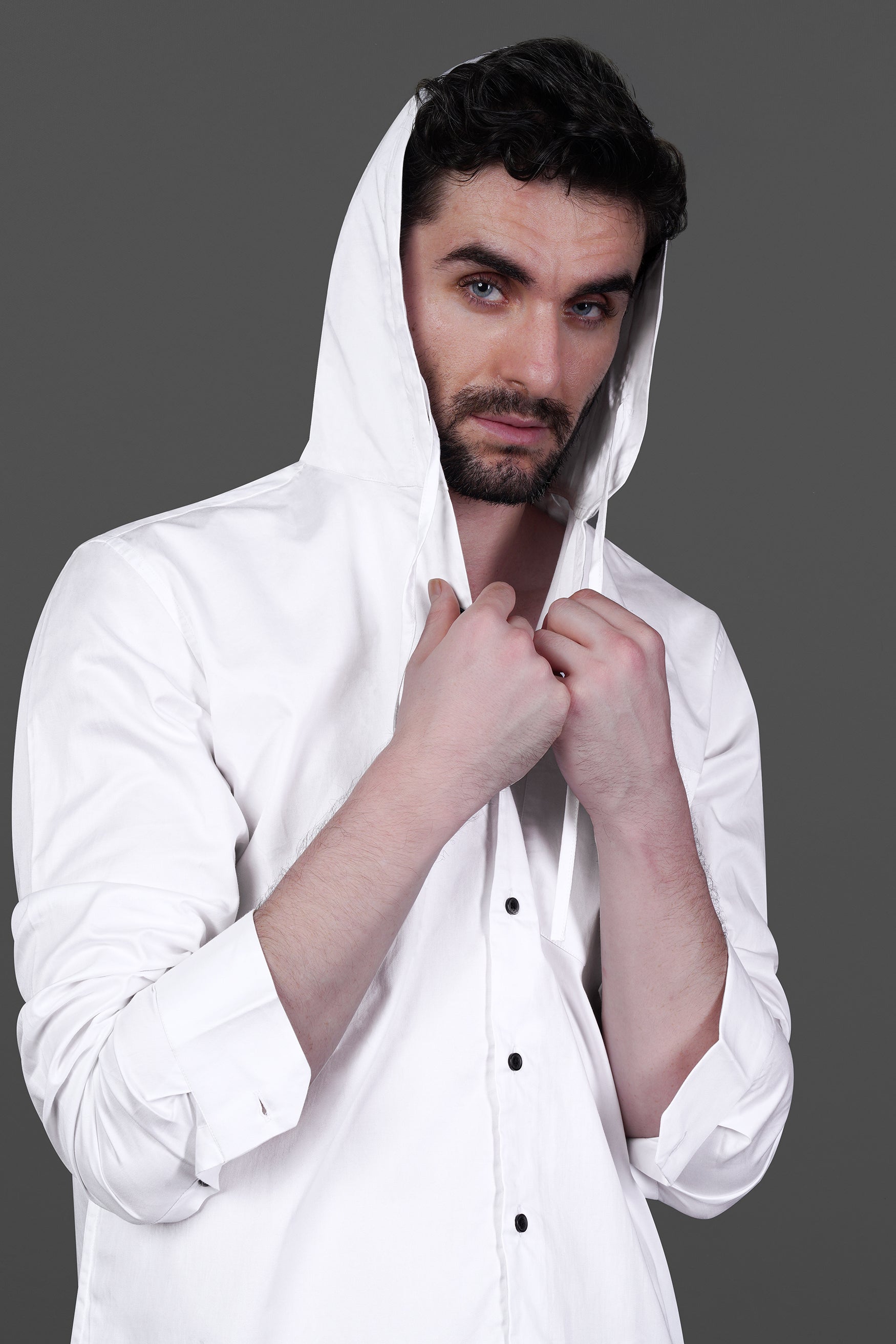 French Crown Bright White Casual Premium Hoodie Shirt For Men, 46 / XXL / Half / Short Sleeves