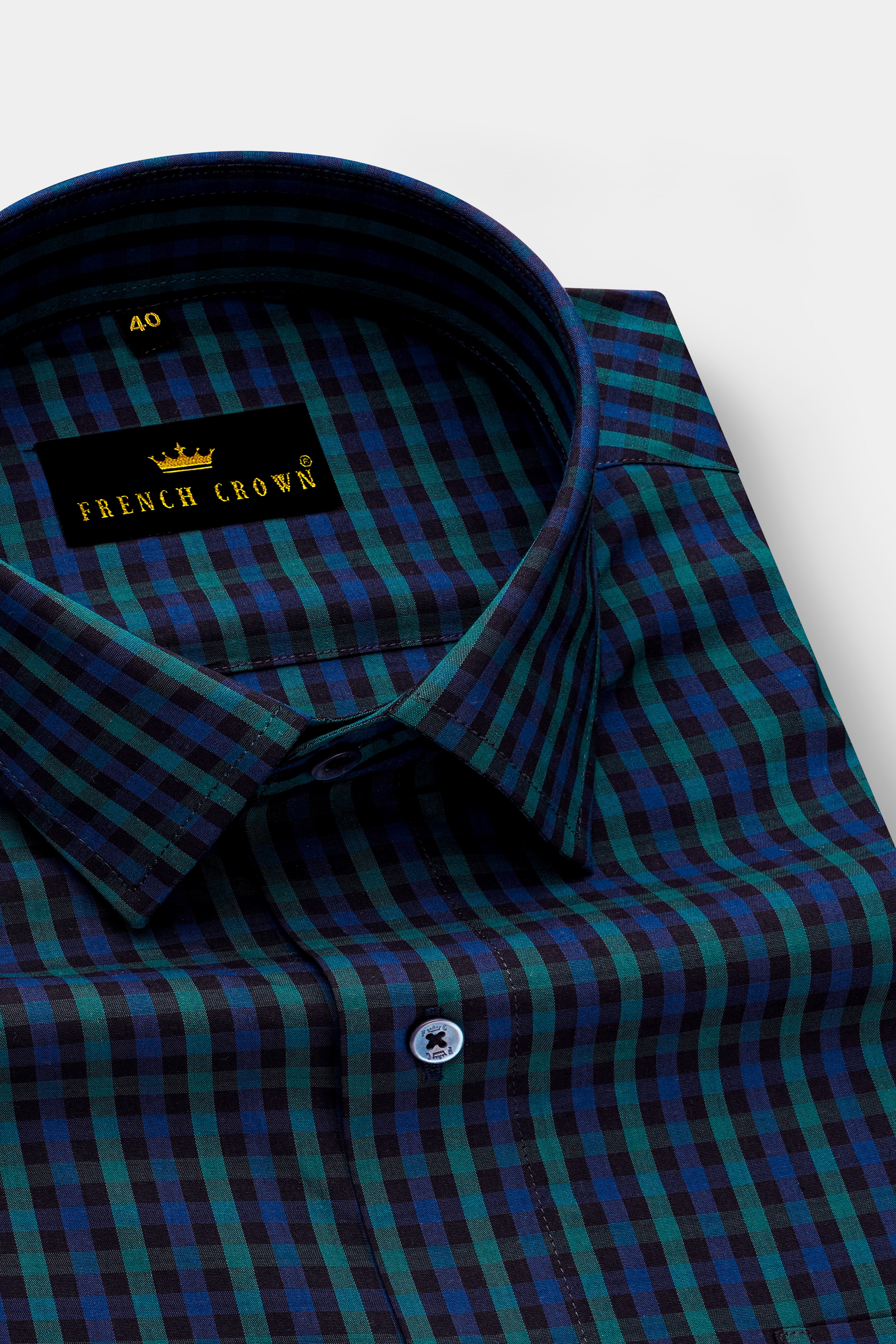 Navy And Green Gingham Premium Cotton Shirt