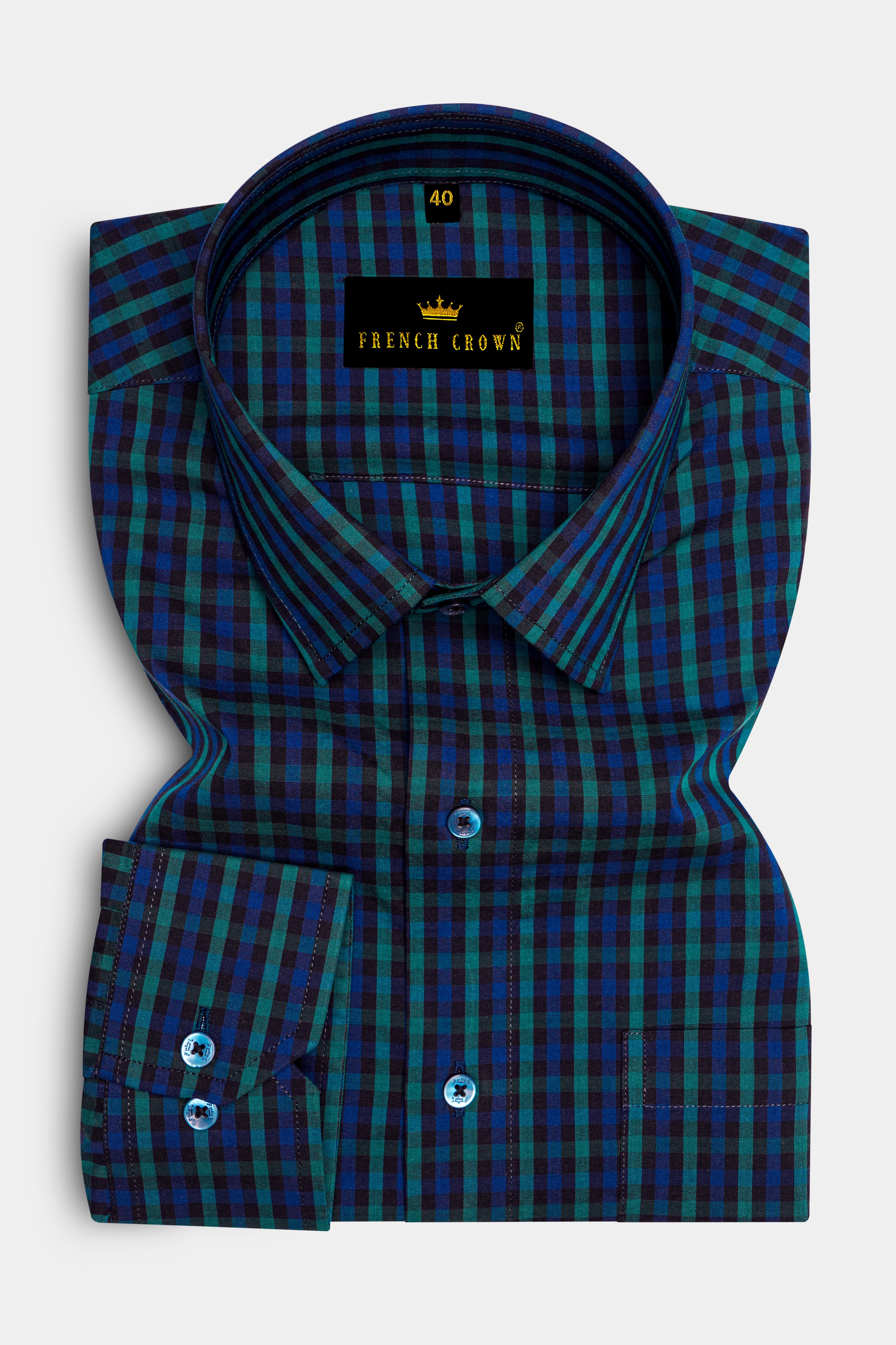 Navy And Green Gingham Premium Cotton Shirt