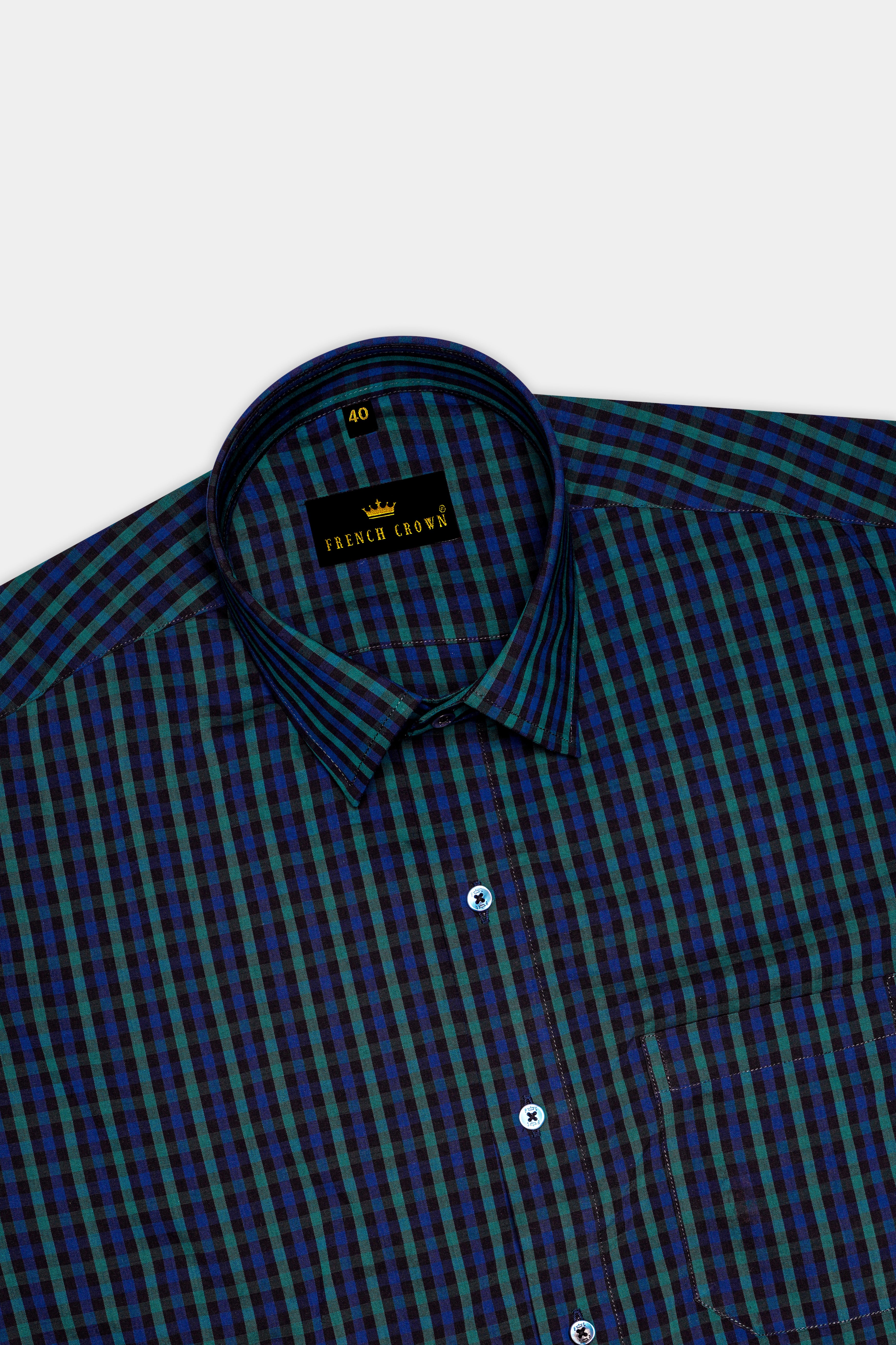 Navy And Green Gingham Premium Cotton Shirt
