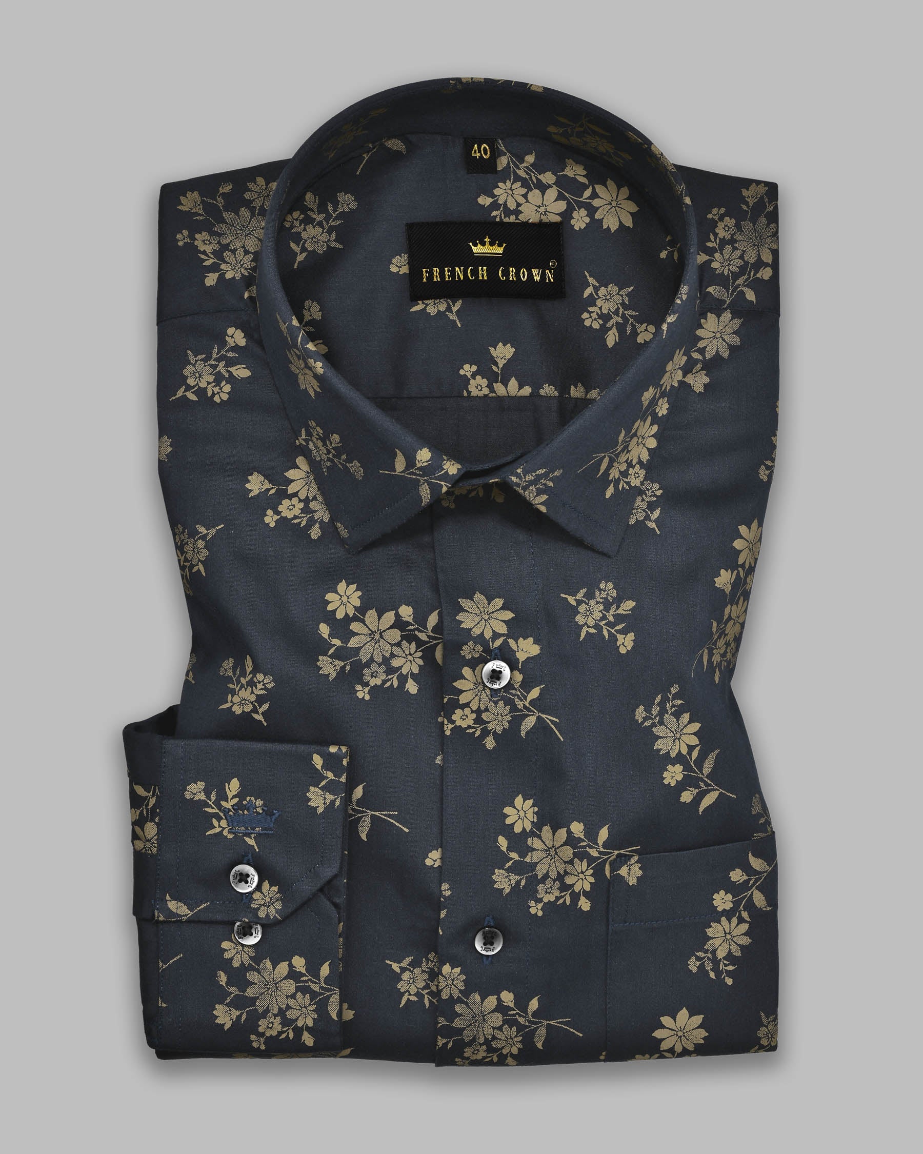 Navy Flowers Printed Premium Satin Shirt