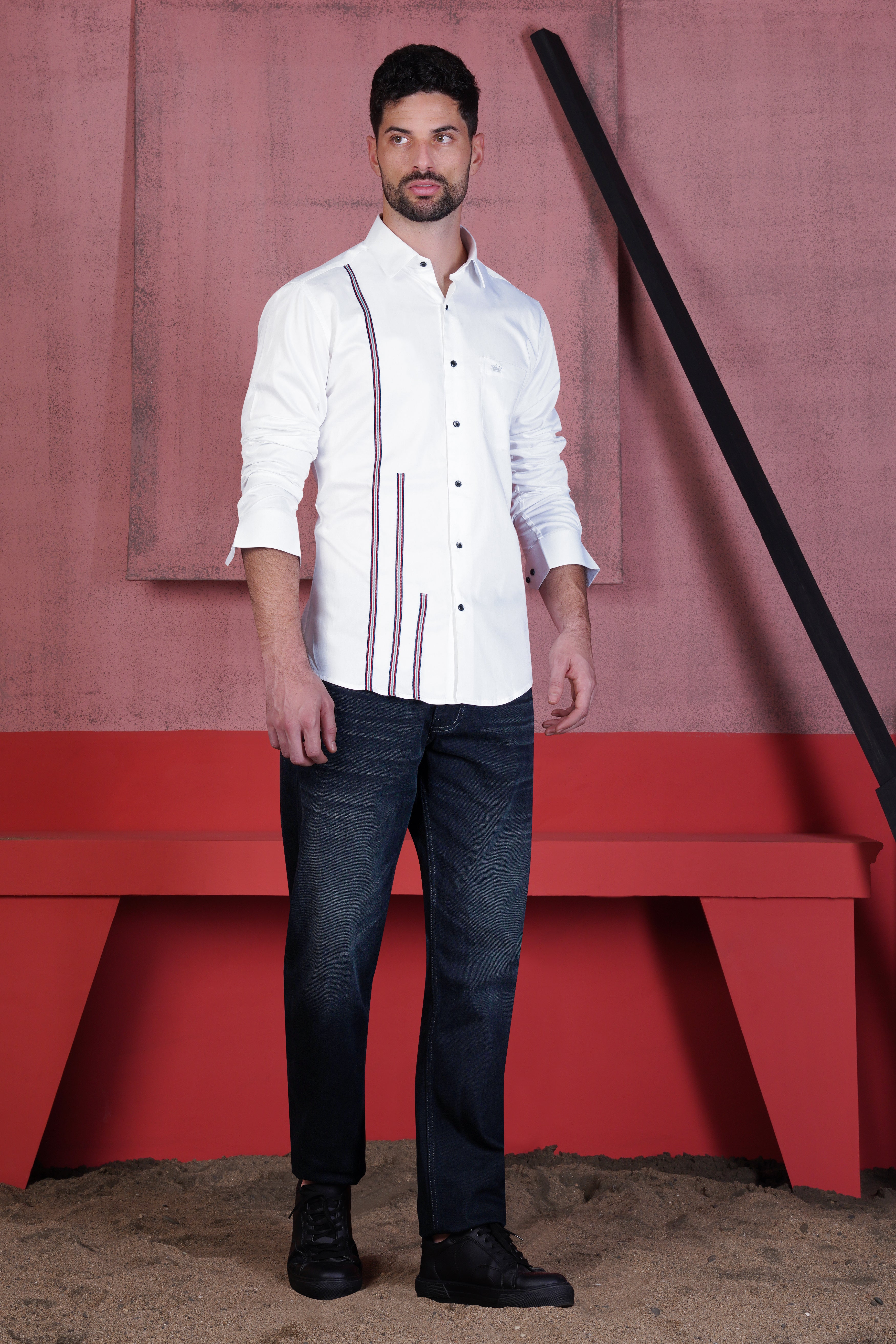Bright White Subtle Sheen with Salomie and Black Triple Stripes Premium Satin Shirt