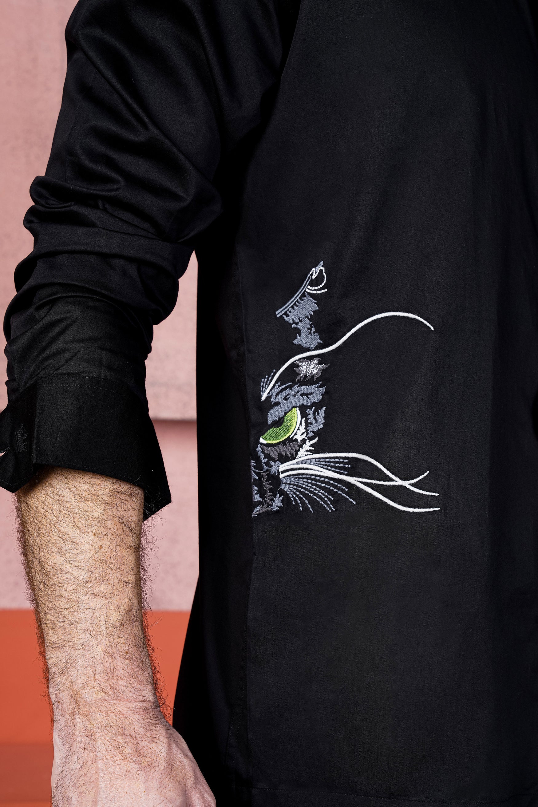Jade Black Wild Cat Embroidered Subtle Sheen Super Soft Premium Cotton Designer Shirt