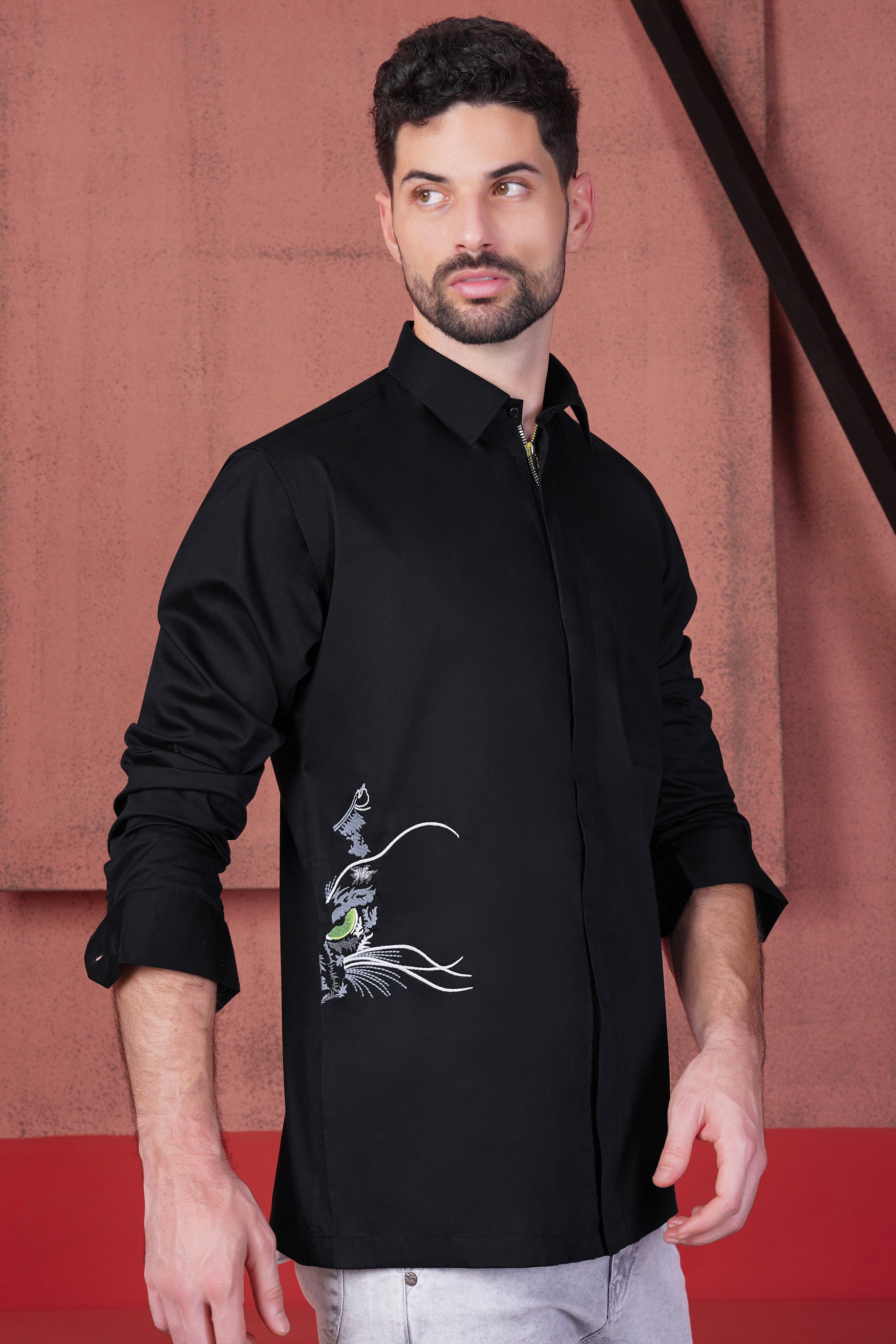 Jade Black Wild Cat Embroidered Subtle Sheen Super Soft Premium Cotton Designer Shirt