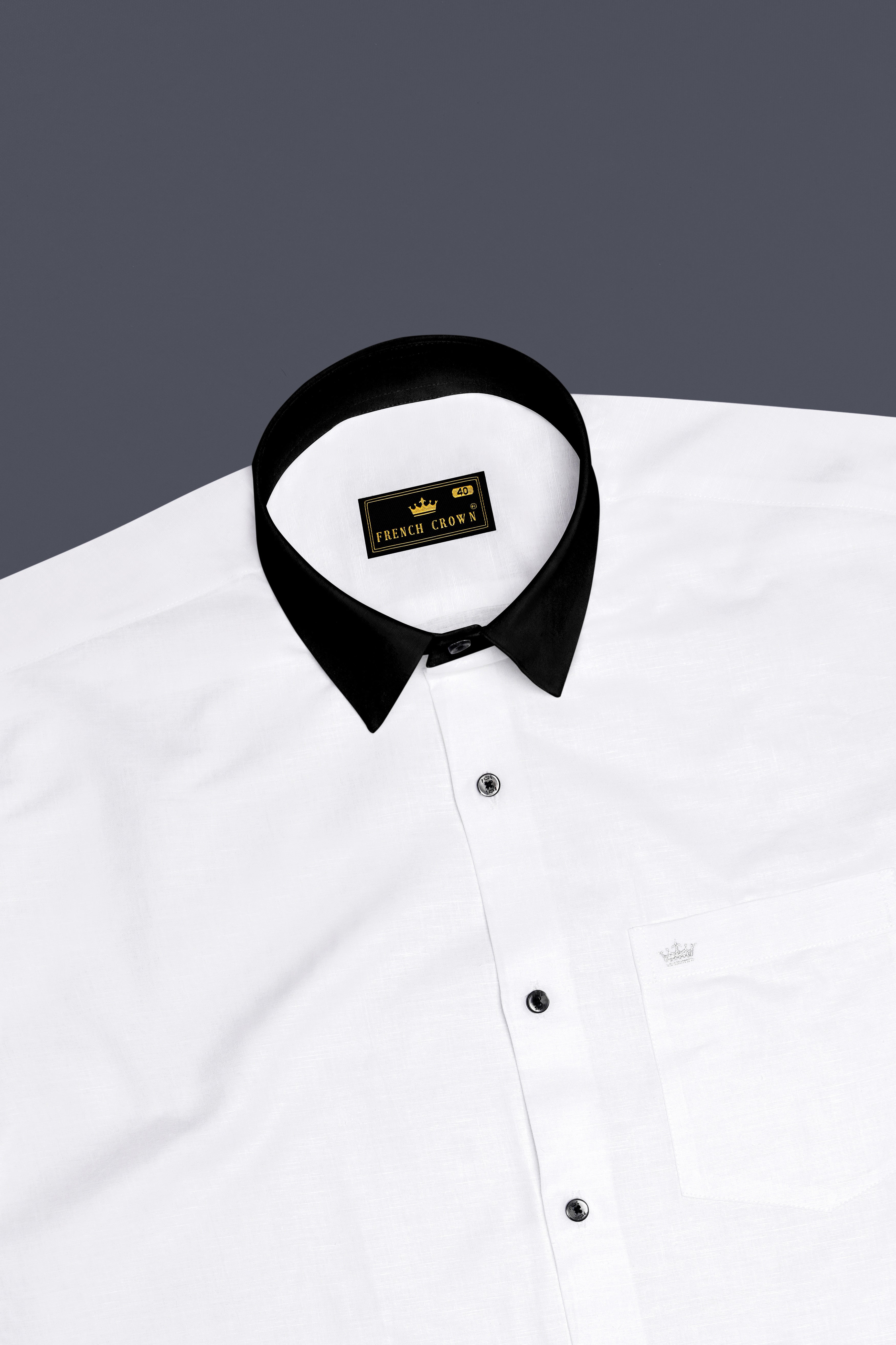 Bright White with Black Collar Luxurious Linen Shirt