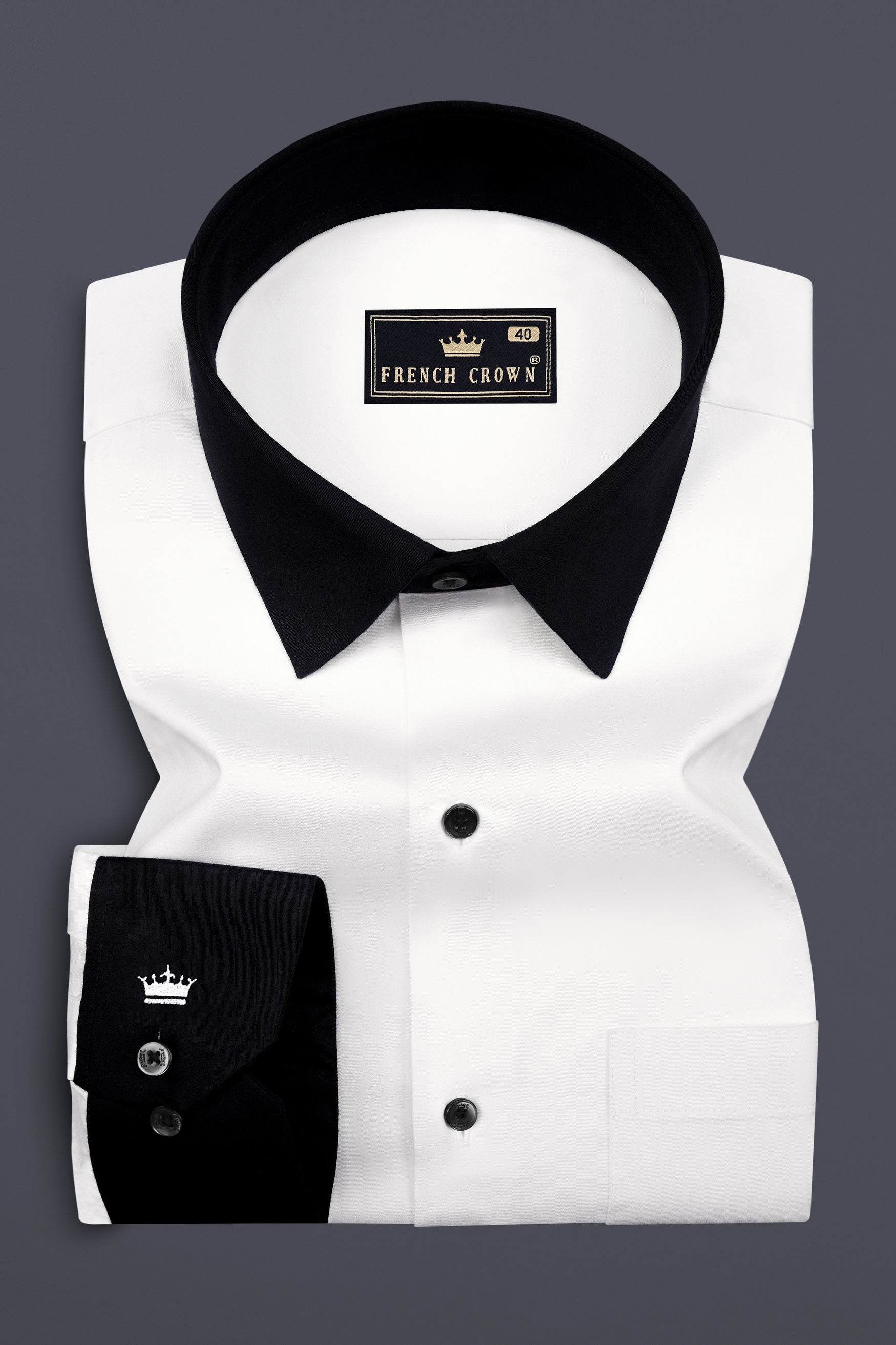 Bright White with Black Collar Subtle Sheen Premium Cotton Shirt