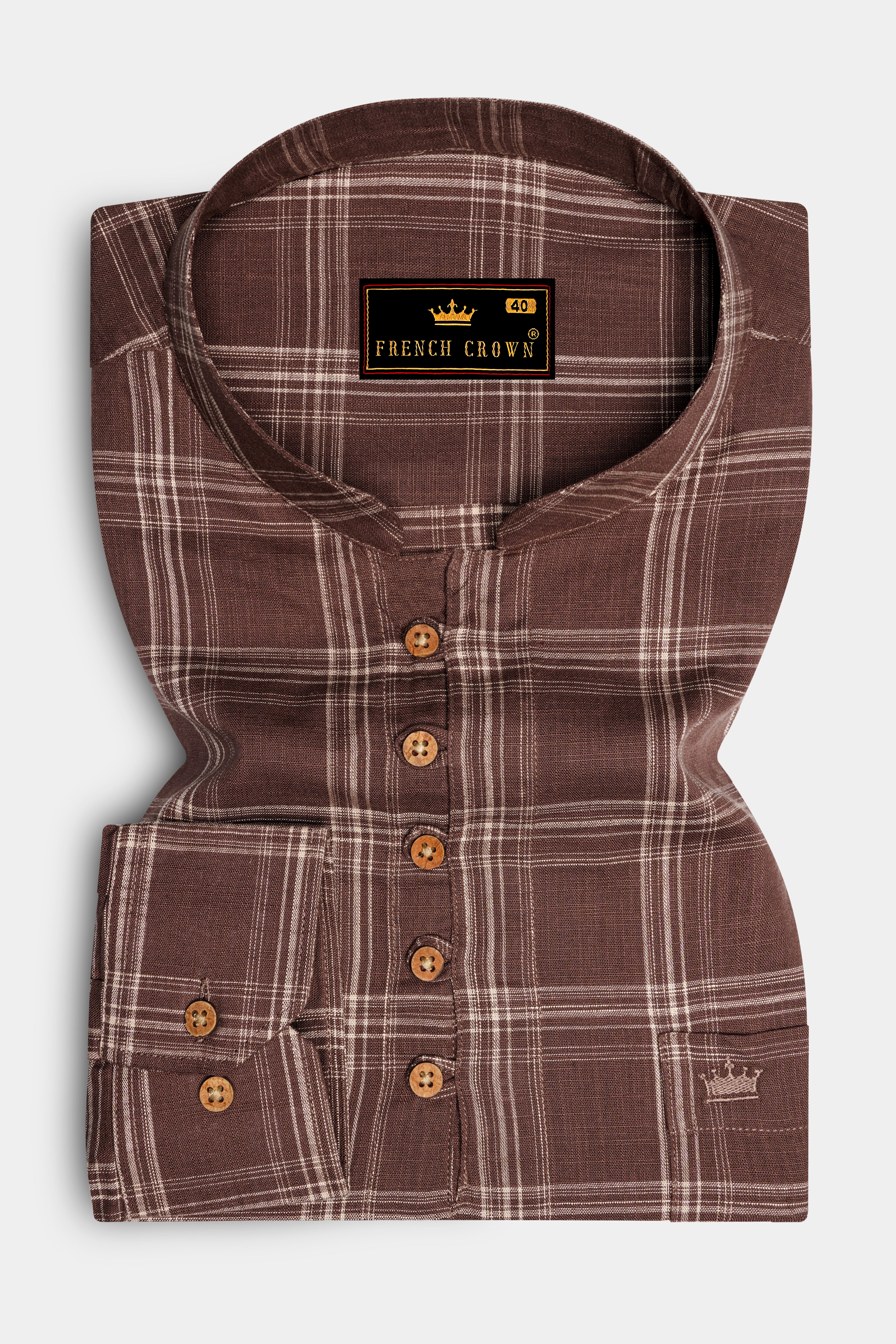 Dark Chestnut Brown Plaid Luxurious Linen Kurta Shirt